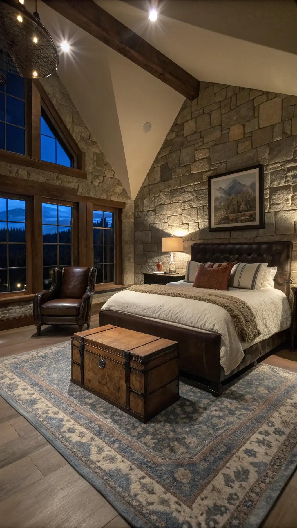 Master bedroom featuring cathedral ceiling, dramatic up-lighting on raw stone wall, oversized leather chair, vintage rugs, antique trunk coffee table, and a heavy timber bed with white bedding and cable knit throws. Shot in a moody atmosphere from an elevated position.