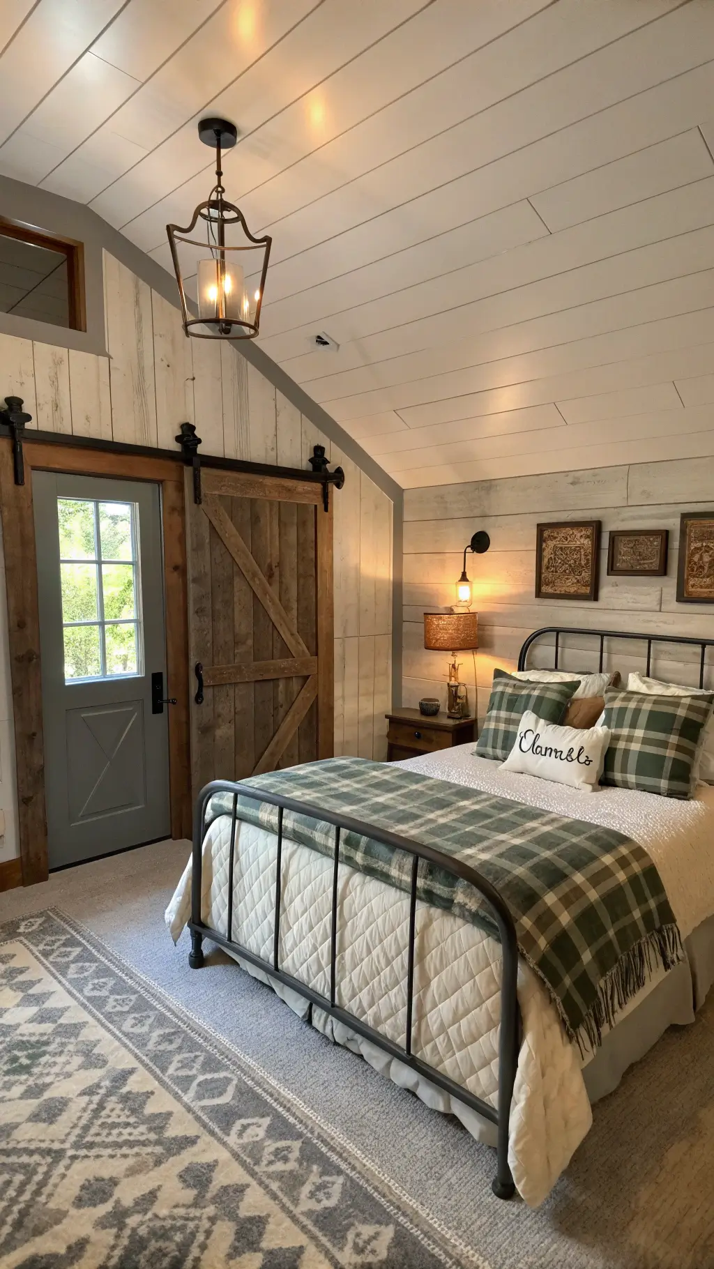 Cozy guest bedroom with twin iron beds, cream and green plaid quilts, distressed shiplap wall, vintage sconces, and barn door entrance, bathed in soft afternoon light.