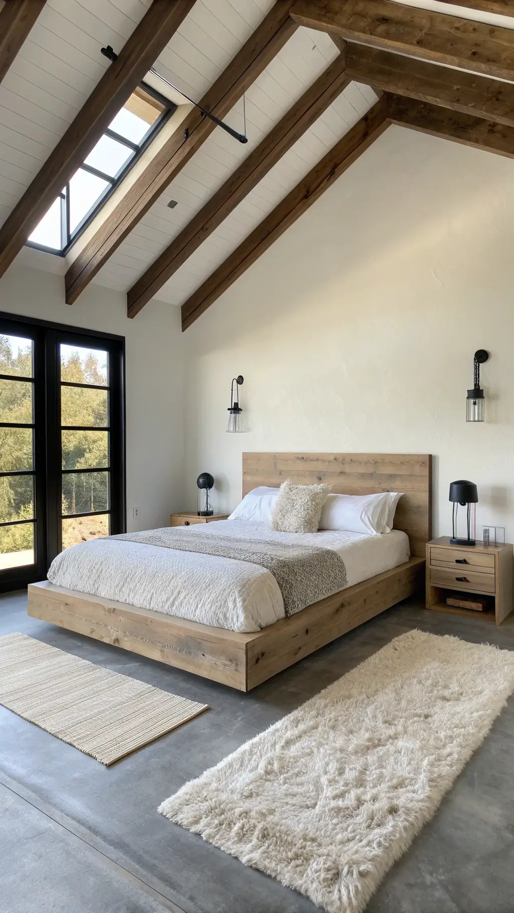 Minimalistic rustic bedroom with platform bed, floating nightstands, black wall sconces, and sheepskin rugs on concrete floors, lit by natural light, showcasing the contrast of white bedding with dark wood beams on high vaulted ceiling.