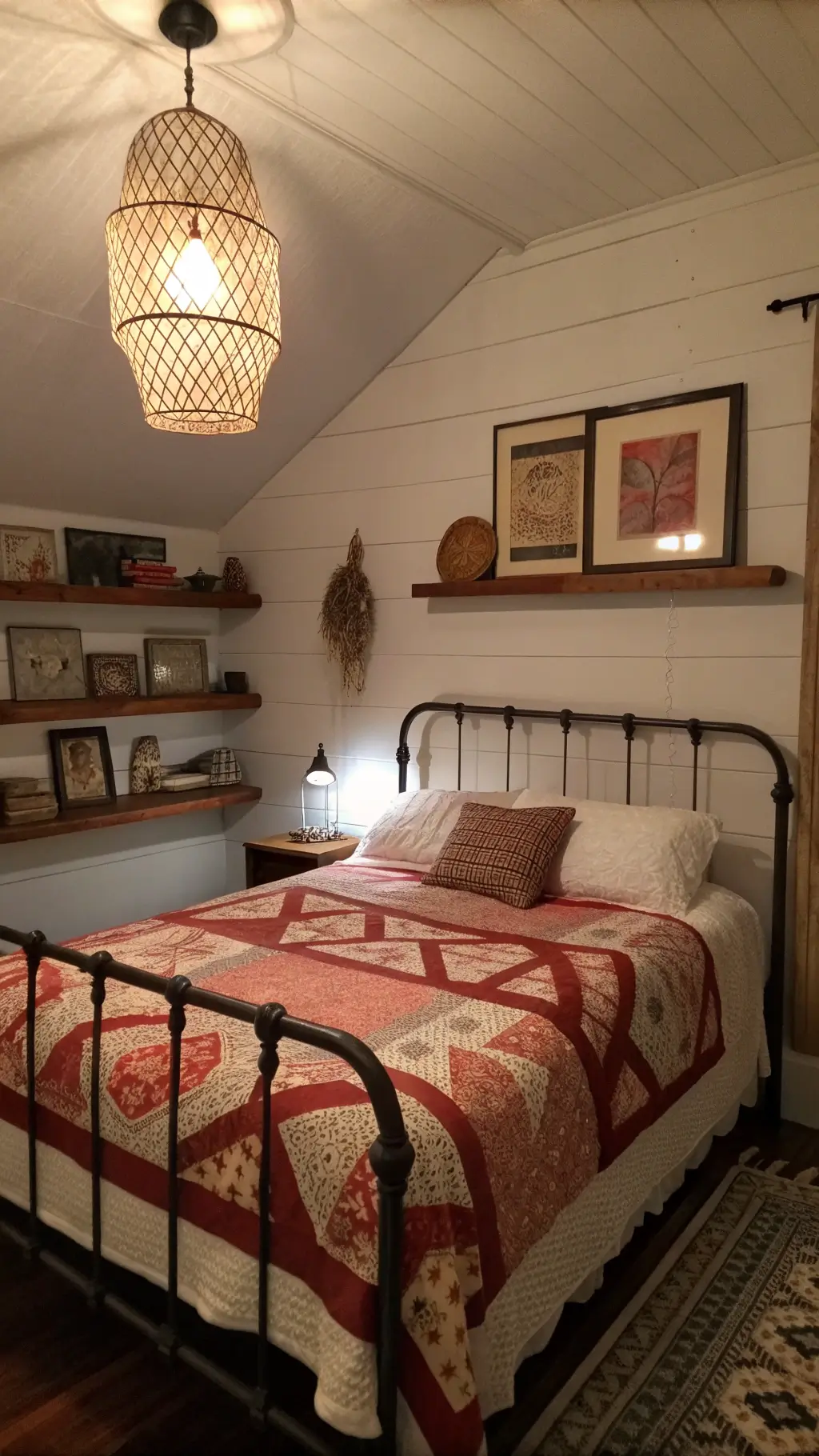 Twilight view of a cozy 10x10ft guest room featuring an antique iron bed with vintage red and cream quilt, raw edge wooden shelves displaying various collectibles, and interesting shadows cast by a woven pendant light, shot from a low angle with warm accent lighting at f/2.8.