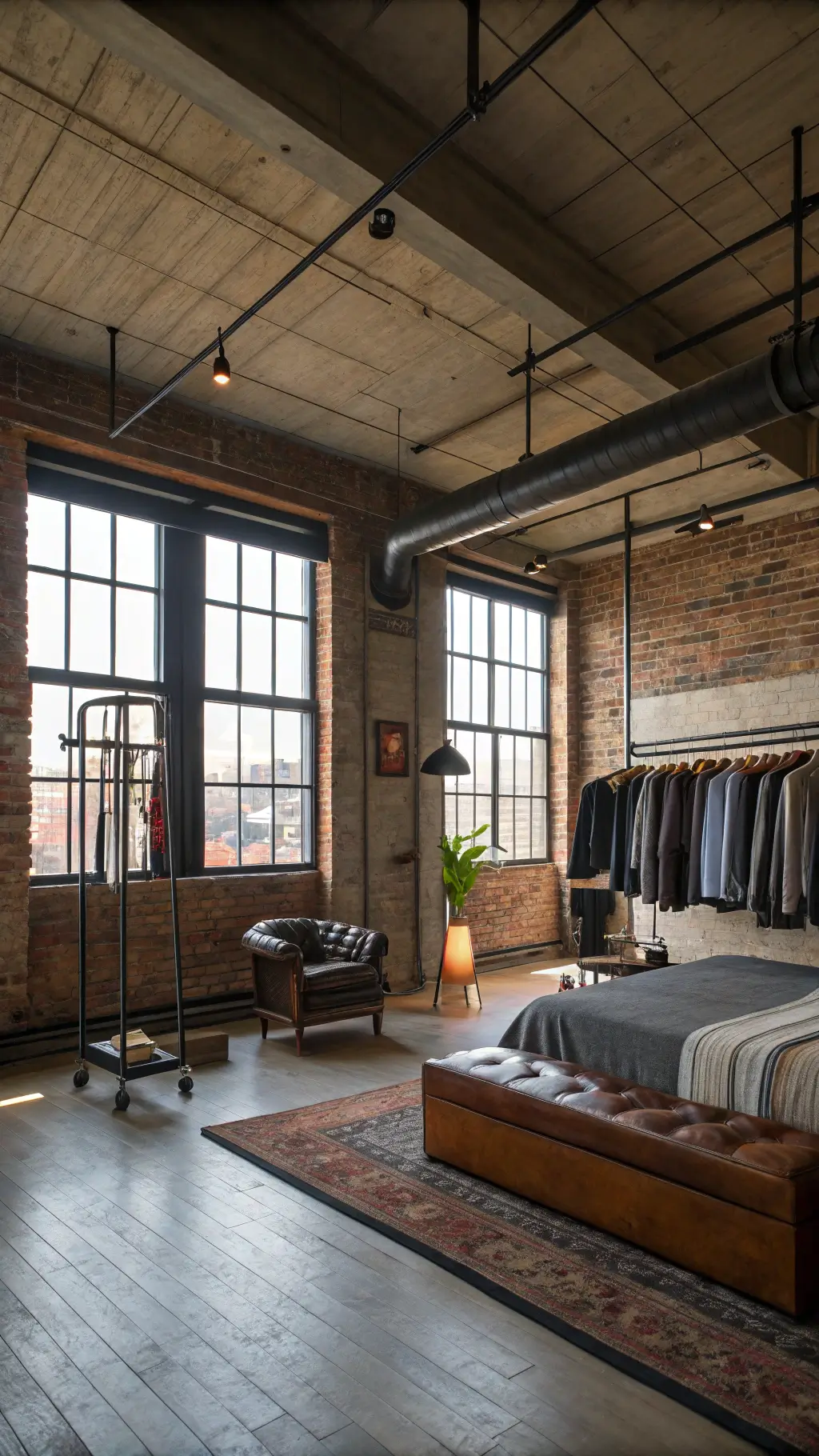 Modern rustic loft bedroom with industrial windows, suspended iron pipe clothing rack, leather club chair, low platform bed clad in charcoal linen against an exposed brick wall, under a concrete ceiling, captured from an elevated angle showing open floor plan with dramatic side lighting highlighting textures.