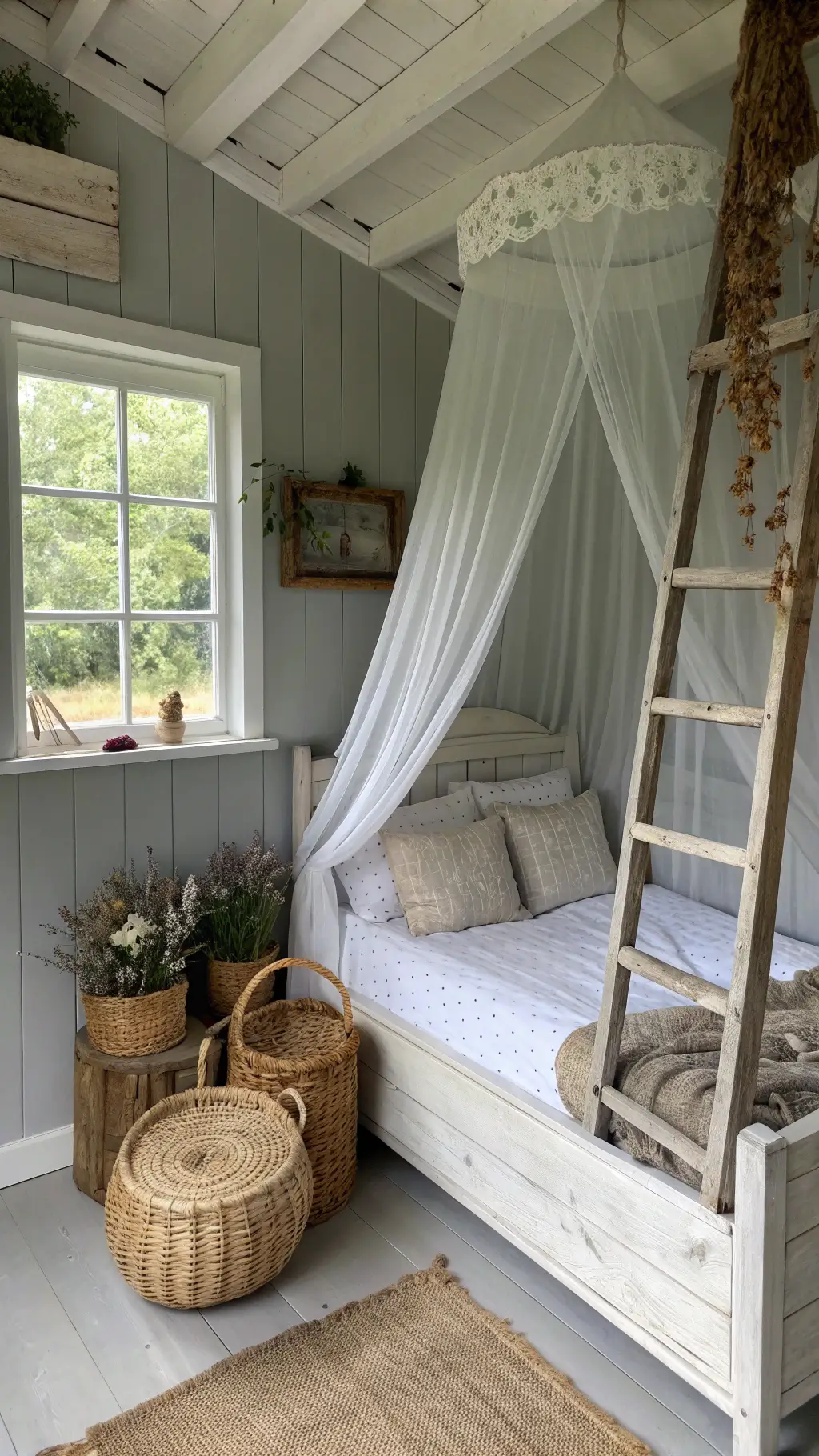 Whitewashed wooden bed with sheer canopy in a rustic 14x16ft romantic retreat, adorned with vintage ladder display, woven baskets, and dried florals; soft grey
</p></noscript>
<div class=