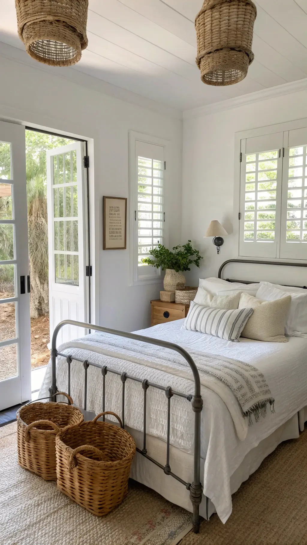 Bright and clean 12x14ft guest room featuring a metal-framed bed with white cotton bedding, vintage stripe pillows, hand-stitched quilt, metal nightstands with white ceramic lamps, and woven baskets on wall, lit by natural sunlight through plantation shutters.