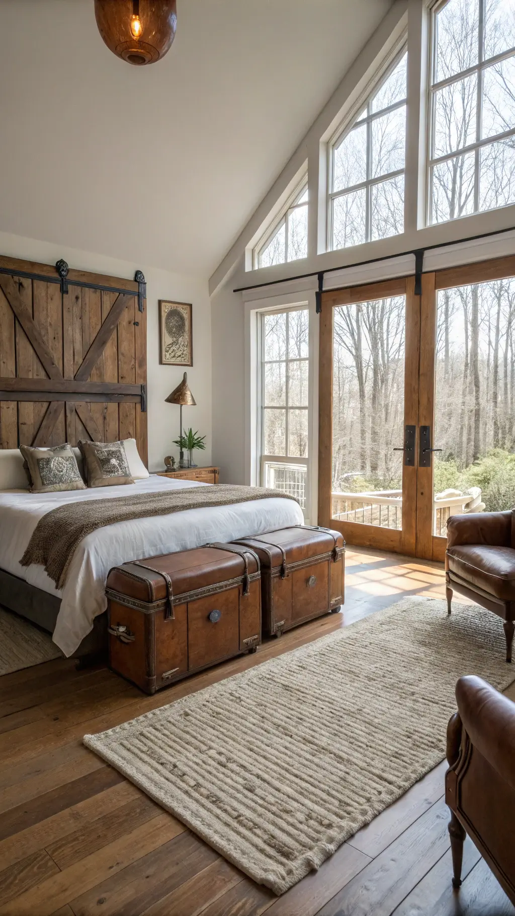 Bright mid-morning light illuminating a spacious bedroom featuring handcrafted headboard, distressed oak flooring, reading nook with leather chair and copper lamp, styled with vintage suitcases, botanical prints, and earthenware.