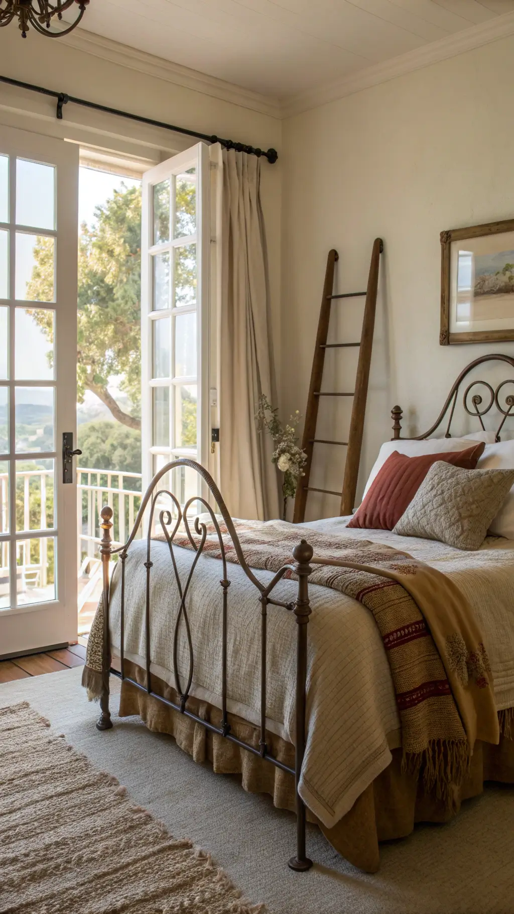 Bright afternoon sunshine illuminating a 16x16ft bedroom with French doors opening to a balcony, featuring a wrought iron bed adorned with natural linen and wool blankets in earth tones, a vintage ladder used for blanket display, shot with a 35mm lens focusing on light play and textures.