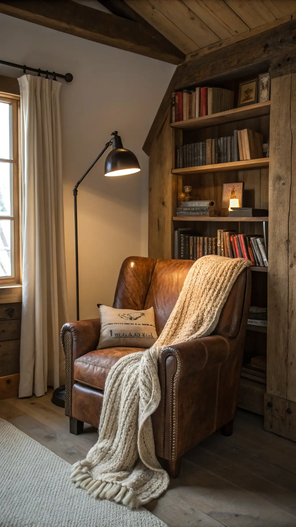 Warmly-lit cozy reading nook featuring a distressed leather armchair, reclaimed wooden shelves, and an industrial floor lamp, accented with an oatmeal colored chunky knit throw.