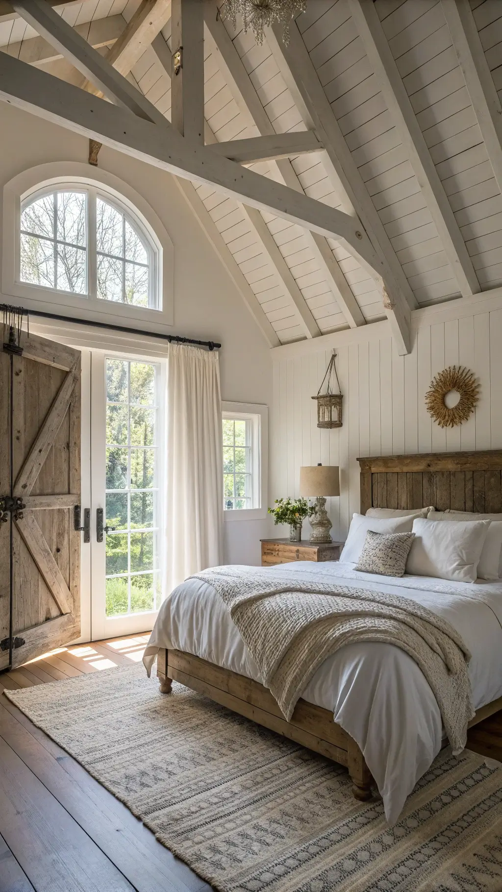 Sunlit 12x14ft primary bedroom with cathedral ceiling, wooden beams, king bed with vintage décor, distressed barn door leading to ensuite, featuring mixed textures of wool rug, bamboo blinds, and metal bedside lamps.