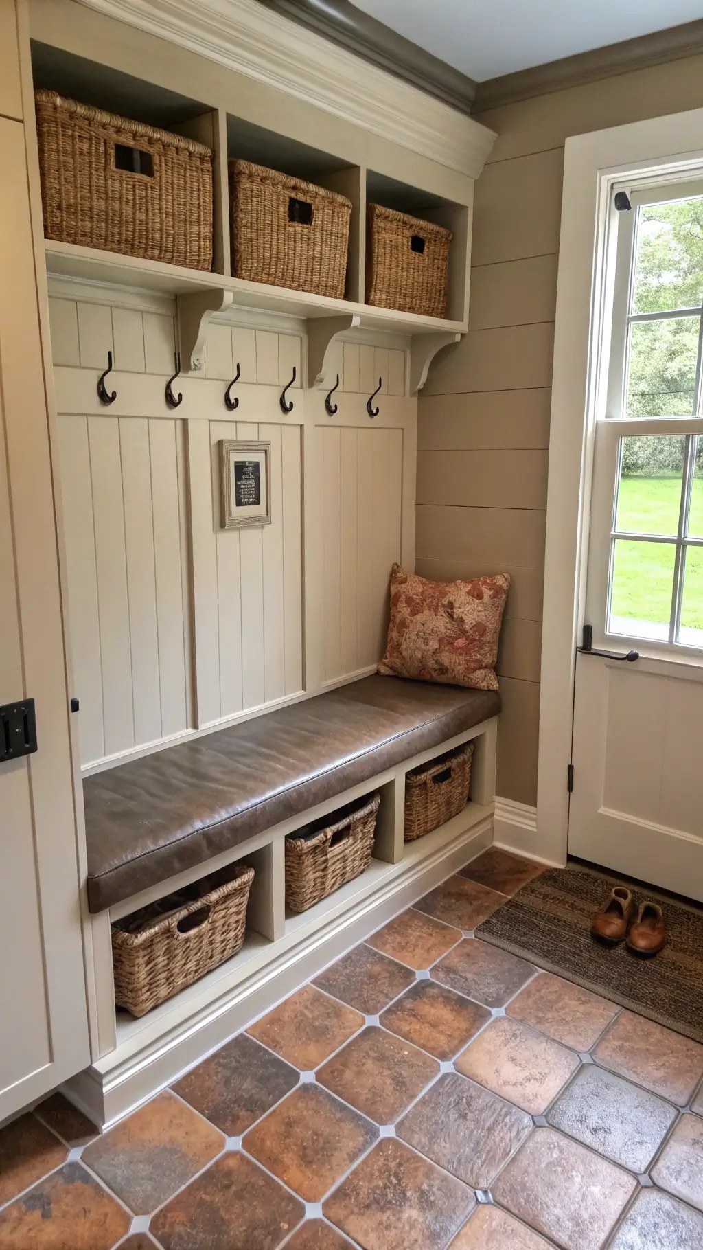Overhead view of a warmly lit 8x12ft mudroom featuring Sherwin Williams Agreeable Gray board and batten walls, built-in bench with aged leather cushion, and woven storage baskets on terracotta floor tiles, illuminated by natural light from a transom window.