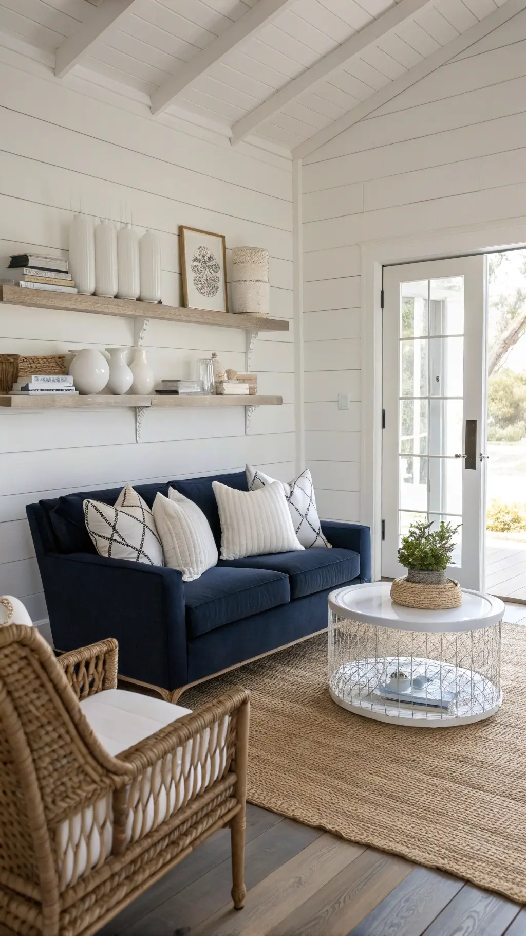Bright, coastal-inspired 9x11ft space featuring a navy loveseat against a whitewashed shiplap wall, rattan armchair with white cushions, clear acrylic coffee table on a jute rug, and white ceramic vessels on floating shelves.