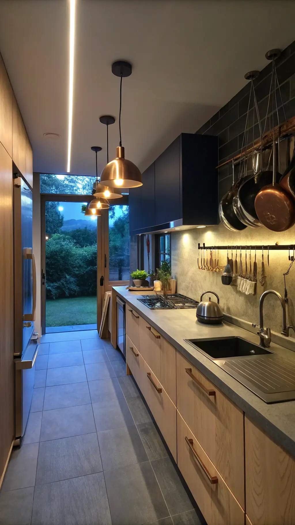 Modernist galley kitchen with warm lighting, bleached oak cabinets, magnetic knife strip on dark navy accent wall, stainless steel pot rack above slim industrial island, and copper cookware.