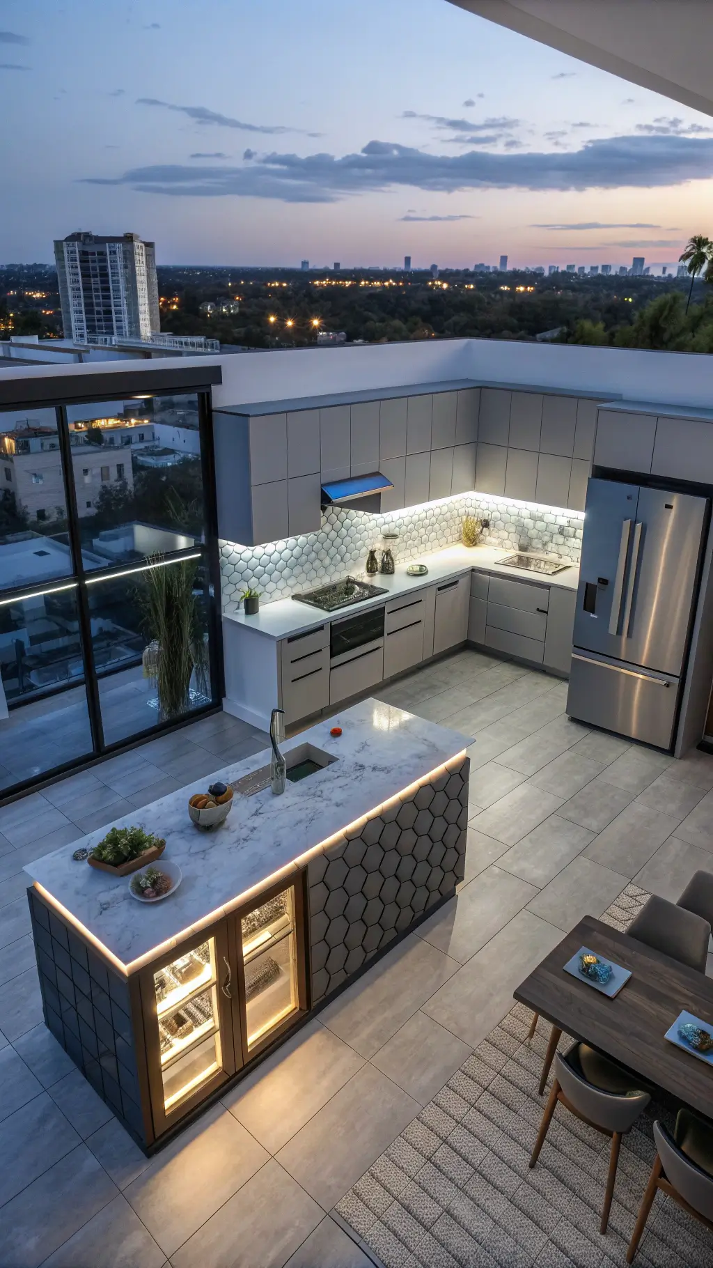 Bird's eye view of a modern 9x7ft kitchen with custom island, smart appliances, LED-lit glass cabinets and hexagonal tile backsplash during blue hour, shot at f/5.6 with mixed lighting.