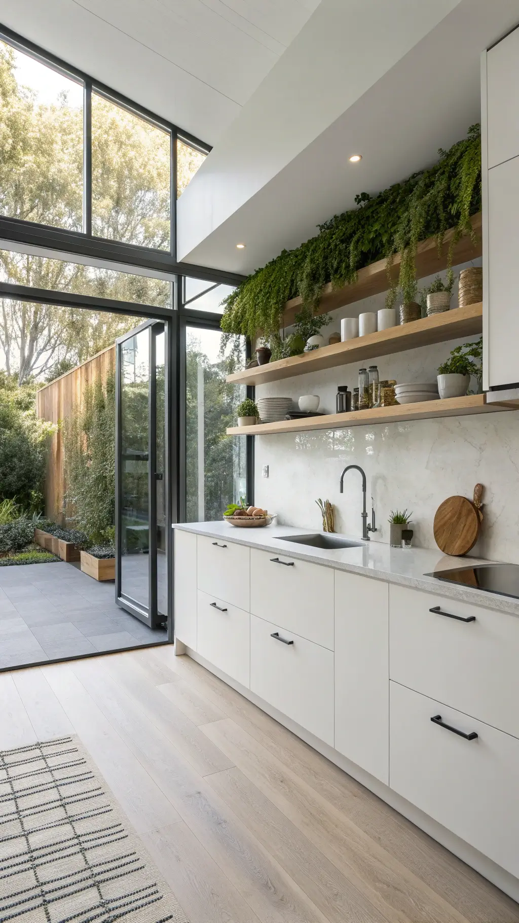 Bright, minimalist 6x9ft kitchen with white cabinets, wooden open shelves holding ceramics, and a living herb wall, illuminated by natural light from floor-to-ceiling windows.