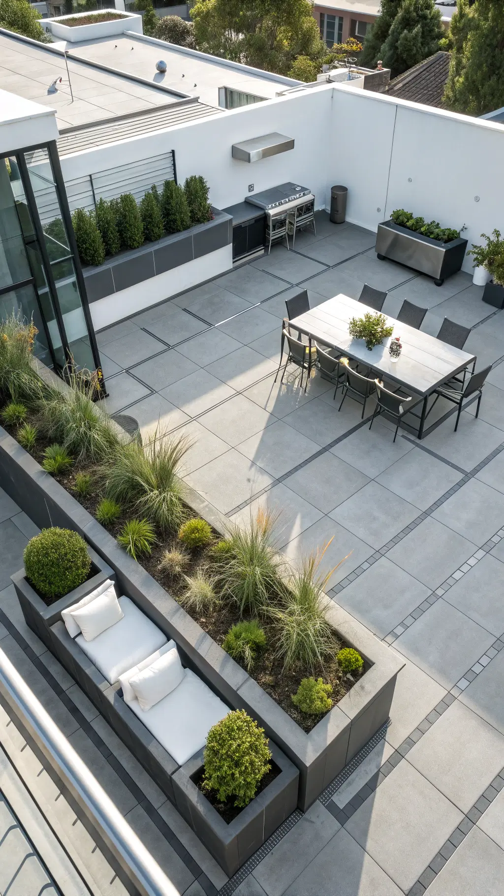 Aerial view of a modern minimalist rooftop patio with geometric concrete pavers, charcoal aluminum furniture with white cushions, built-in planter boxes with architectural succulents and ornamental grasses, sleek stainless steel outdoor kitchen and a glass dining table with ghost chairs in bright natural lighting.