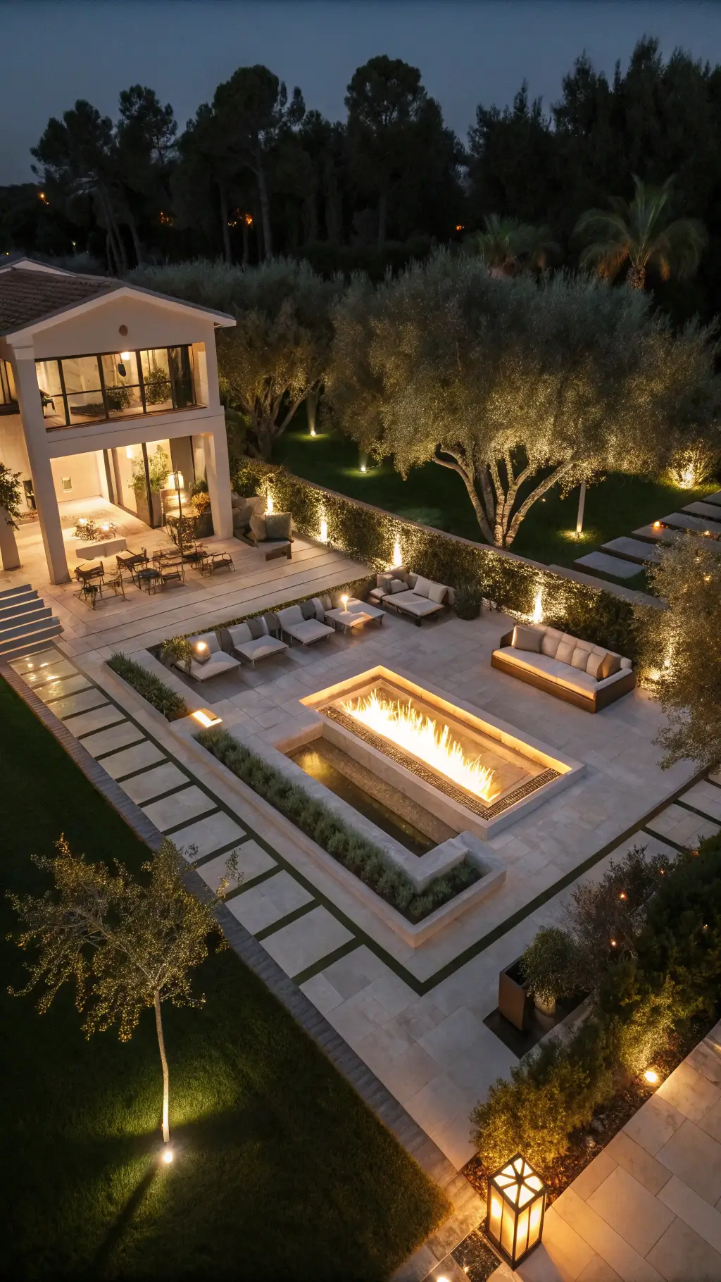 Drone view of a luxury resort-style fire lounge at night, featuring a large gas fire feature, premium sectional in greige, brass tables, and oversized lanterns in a landscaped 40x50ft space with uplit olive trees.
