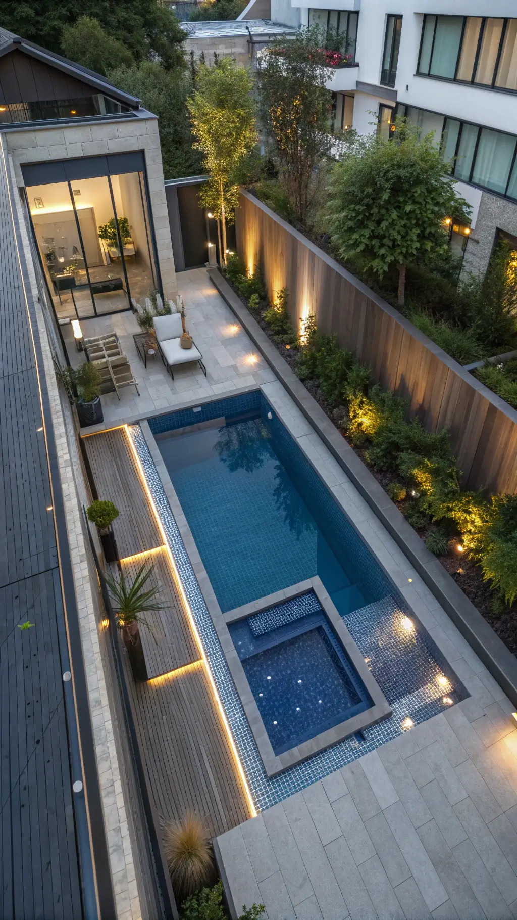 Drone shot at dusk of a 12x8ft urban cocktail pool with navy blue mosaic tile, copper scuppers and LED light features, surrounded by a weathered gray composite deck and potted bamboo, with a modern lounge section.