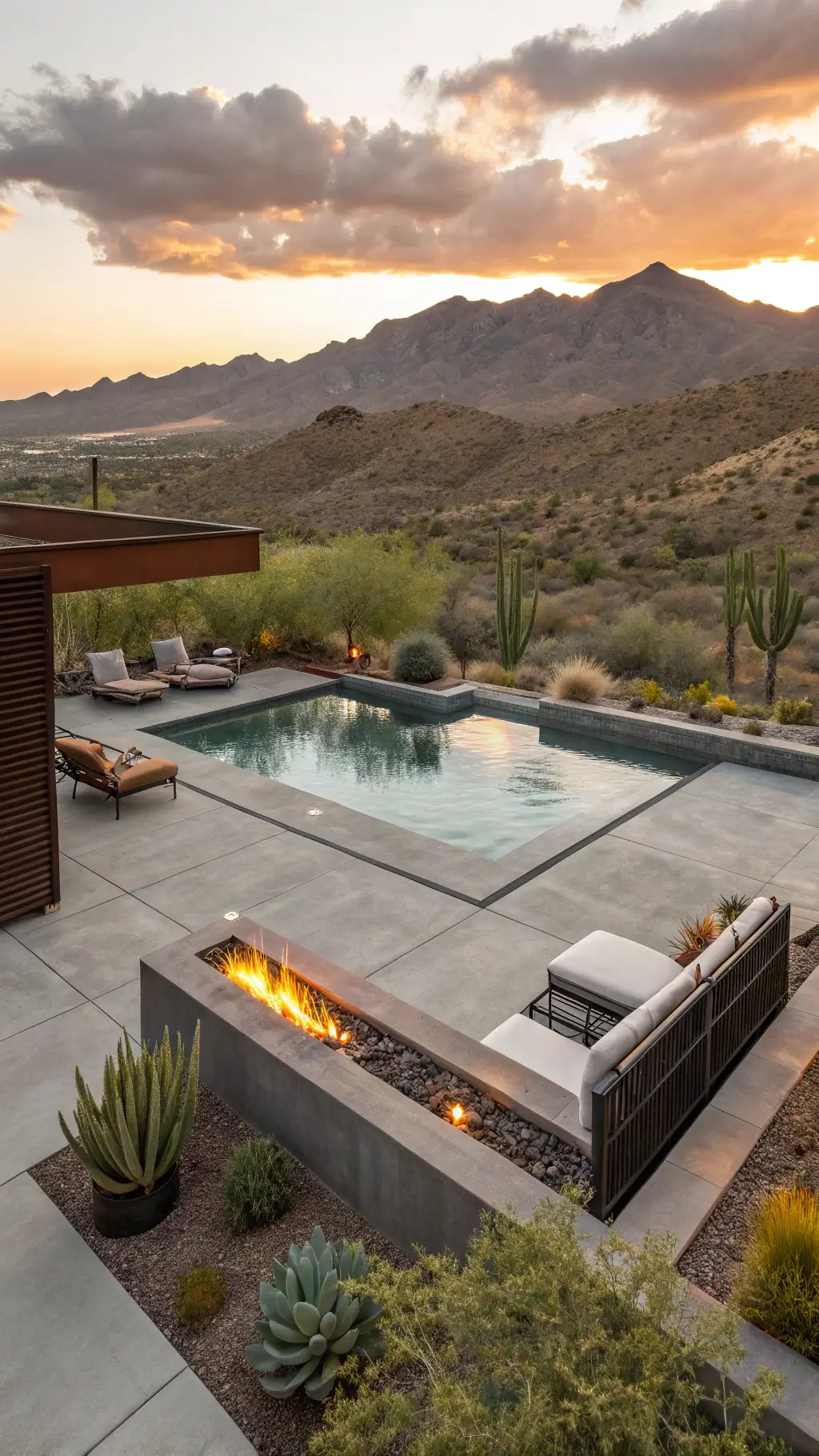 Drone shot of modern desert pool sanctuary with concrete deck, fire features, Corten steel screens, geometric planters with succulents, and low-profile seating at sunset with heat wave effects.