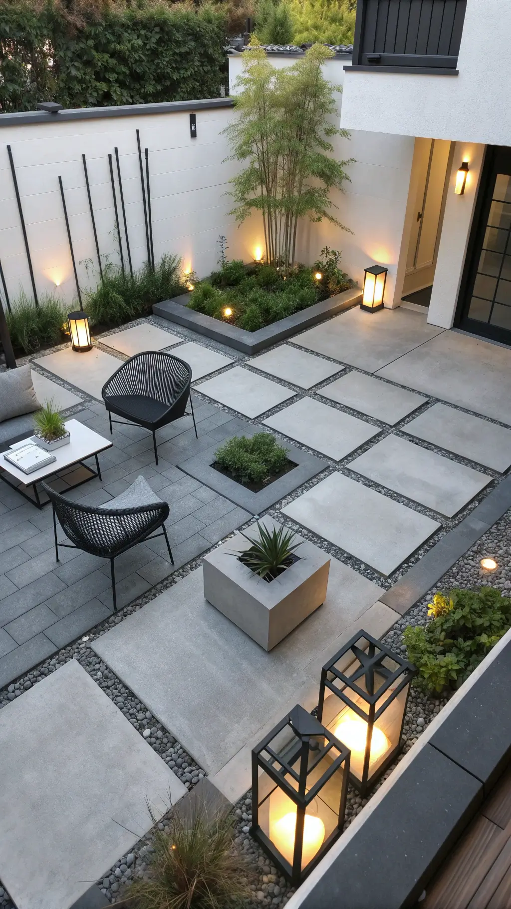 Aerial view of a zen-inspired patio with gray gravel pathways, minimalist black metal furniture, large charcoal ceramic planters with bamboo, and soft lighting from paper lanterns.
