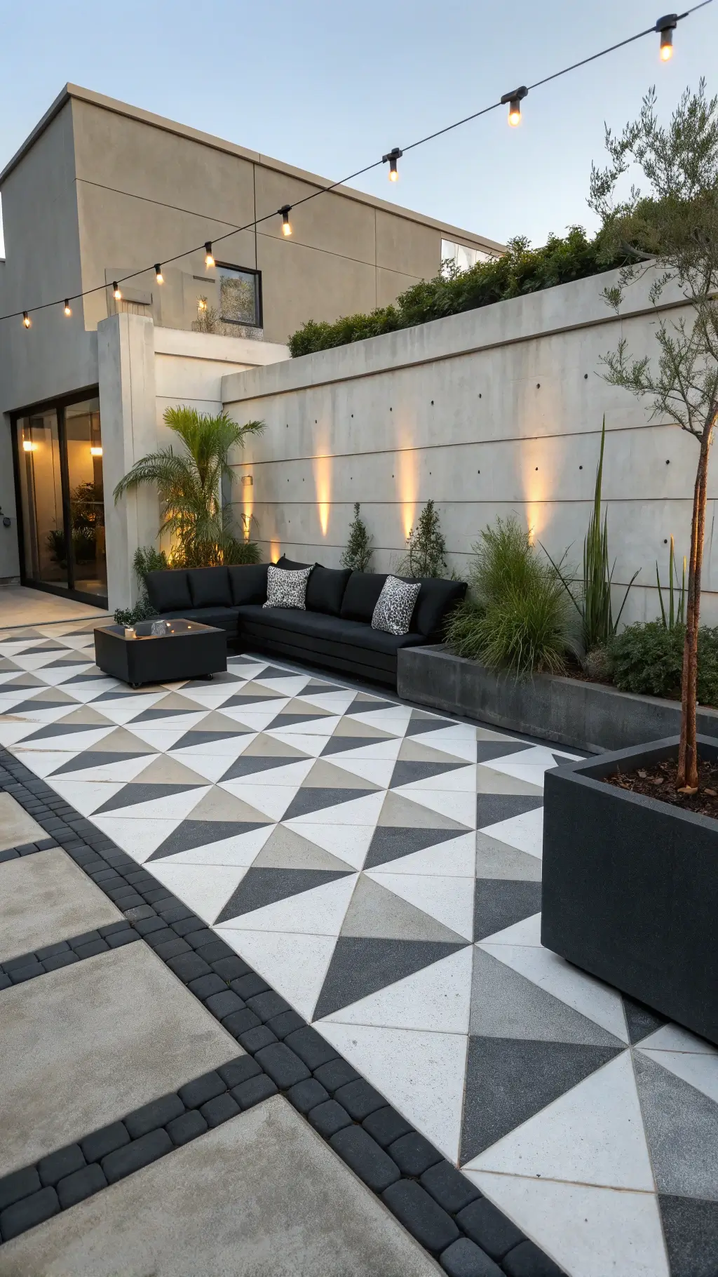 Modern urban patio with geometric concrete pattern, low-profile sectional, oversized black planters with desert plants and LED strip lighting, focused on clean lines and dramatic lighting.