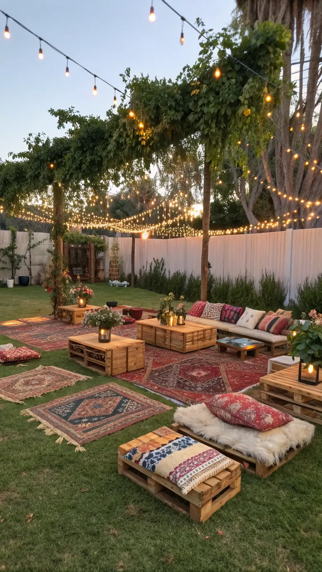 Bohemian themed social space with vintage rugs, reclaimed wood tables, macramé plant hangers and string light canopy captured at golden hour.