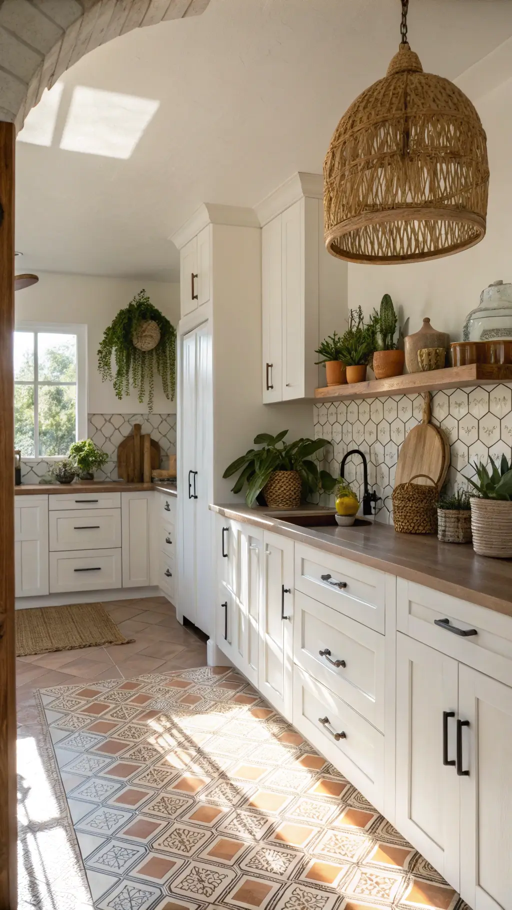 Bohemian style kitchen with white cabinets, Moroccan tile backsplash, rattan pendant light, and macramé plant holders in morning light.