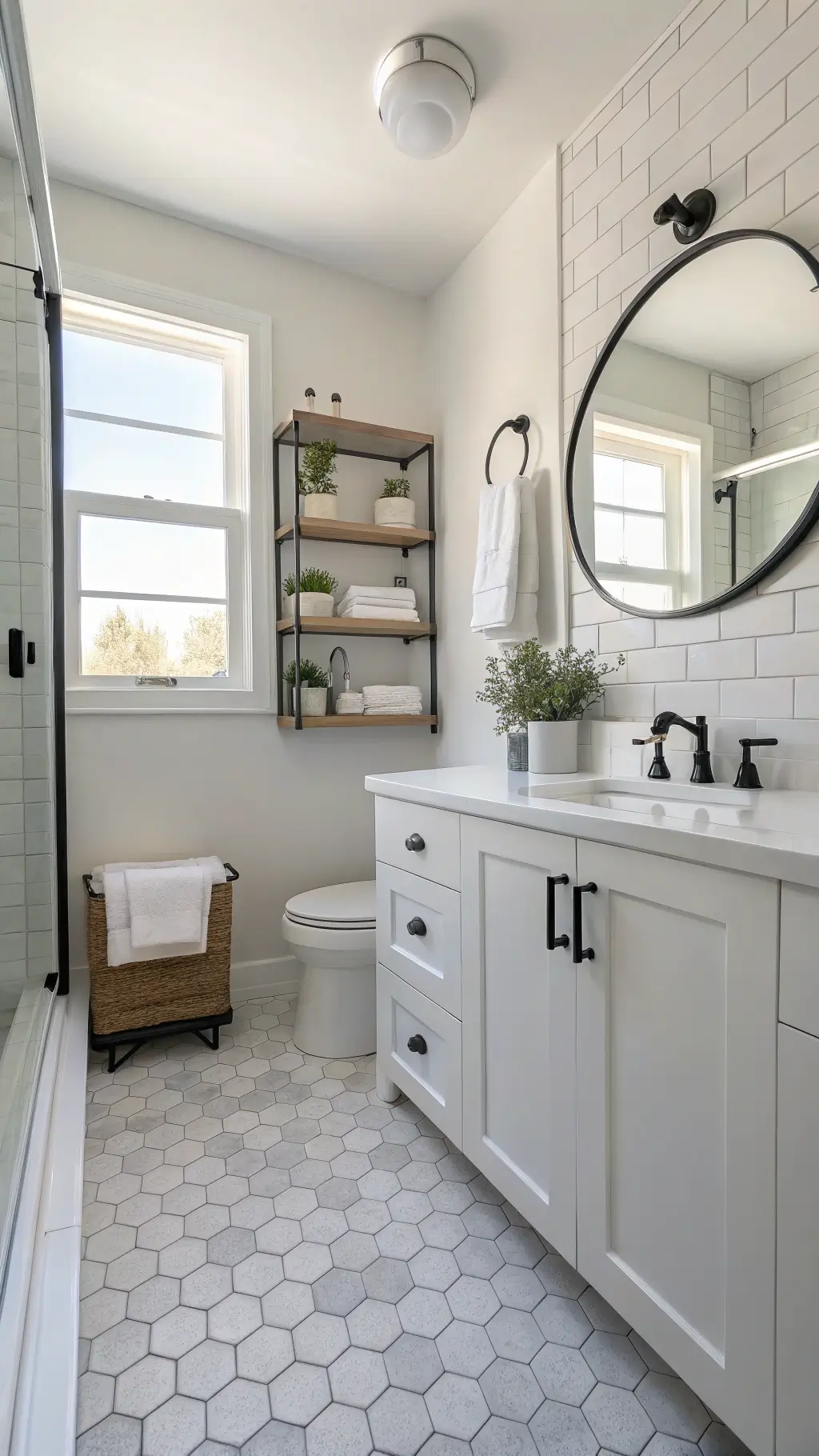 Bright minimalistic 5x8ft bathroom with morning sunlight, white cabinets, floating shelves with towels and eucalyptus, gray hexagon floor tiles, black-framed mirror, white quartz vanity, LED ambient lighting, in a color palette of crisp whites, soft grays, and matte black accents