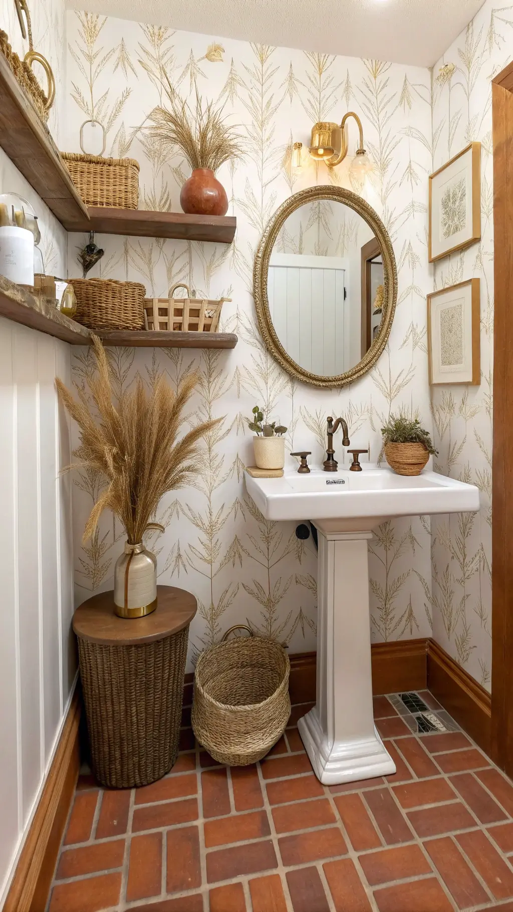 Boho Chic Powder Room featuring textured white and gold botanical wallpaper, vintage brass mirror, woven wall baskets, wooden shelves with clay pottery and dried pampas grass, on terracotta floor tiles under soft golden hour lighting.