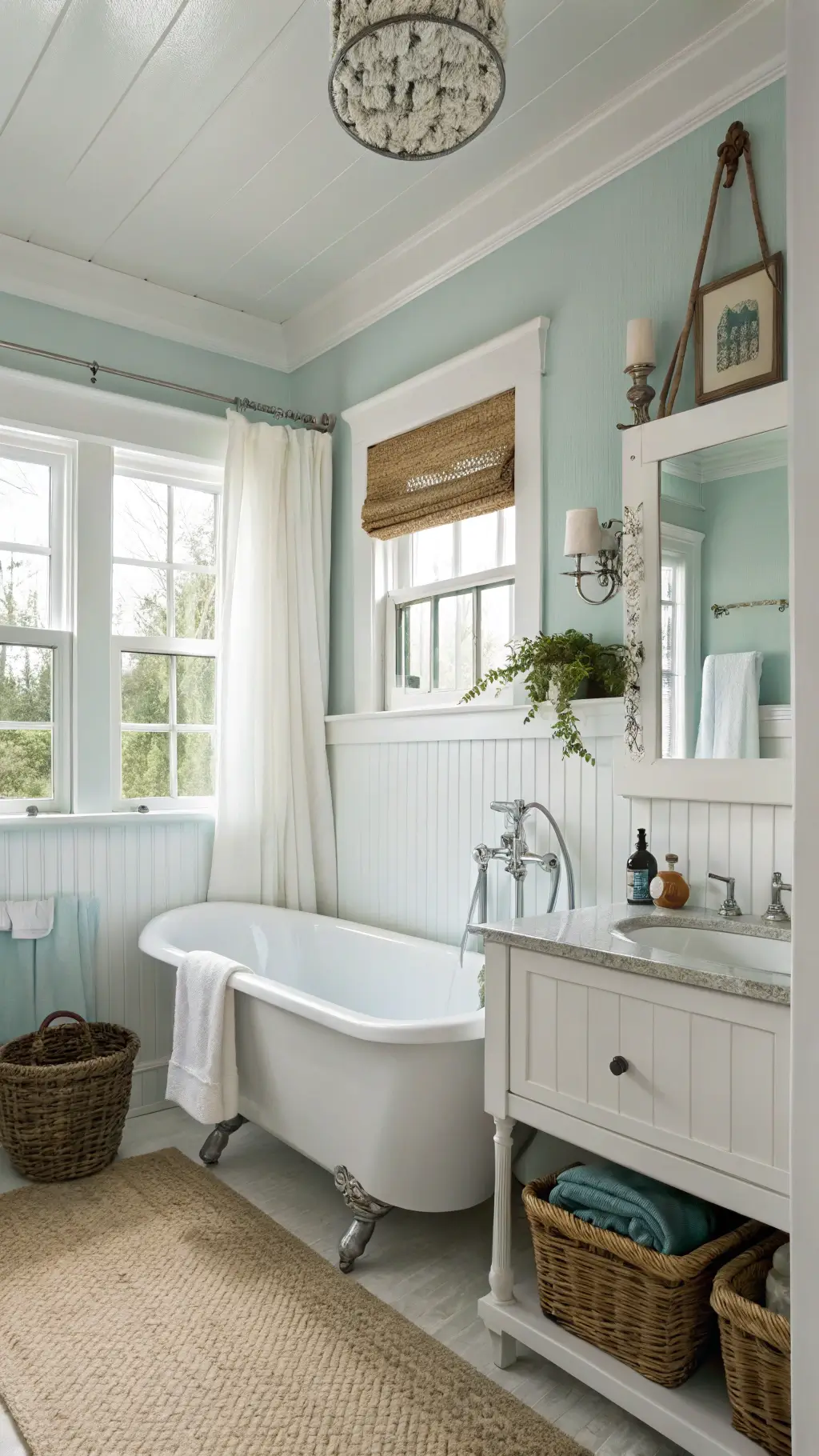 Charming coastal cottage bathroom with white beadboard wainscoting, sea glass blue walls, vintage clawfoot tub, rope-wrapped mirror and seagrass baskets, bathed in soft mid-morning light.