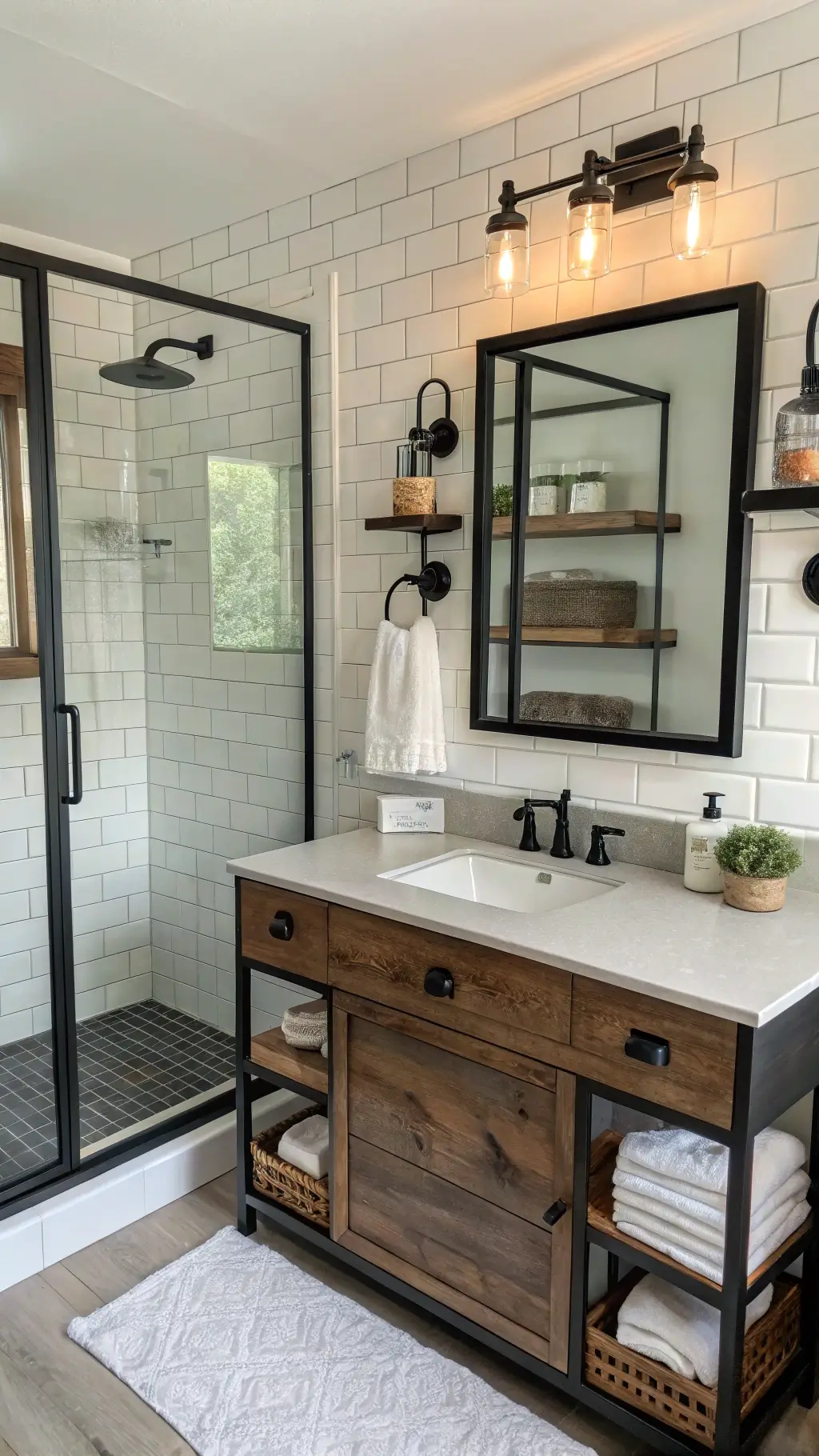 Modern farmhouse styled 5x7ft bathroom with black steel-framed shower doors, white subway tile walls, dark wood floating vanity, concrete-look quartz top, matte black faucet, industrial sconces, rectangular mirror, reclaimed wood open shelving with white towels and amber glass accessories, shot in early afternoon lighting at a 45-degree angle