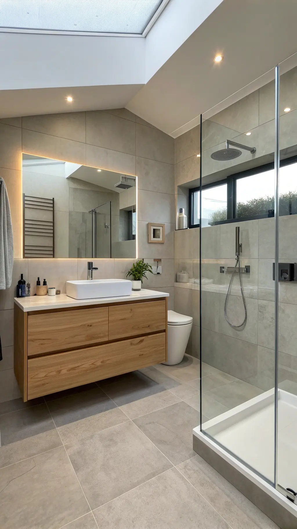 Scandinavian spa retreat with light gray tiles, white oak vanity, seamless mirror, clear glass shower partition, and hidden LED lighting in a 6x6ft minimal space
