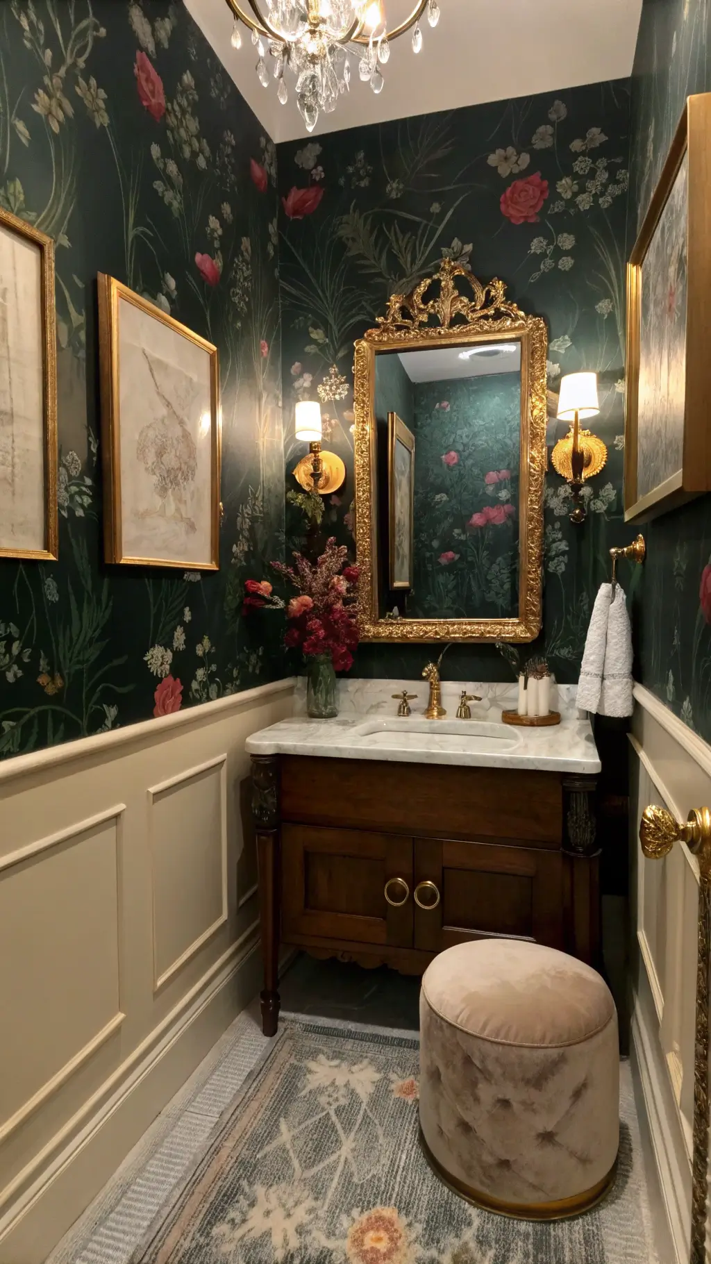 Vintage glamour powder room with dark floral wallpaper, brass baroque mirror, marble vanity, crystal sconces, gold-framed art, and velvet stool in evening lighting