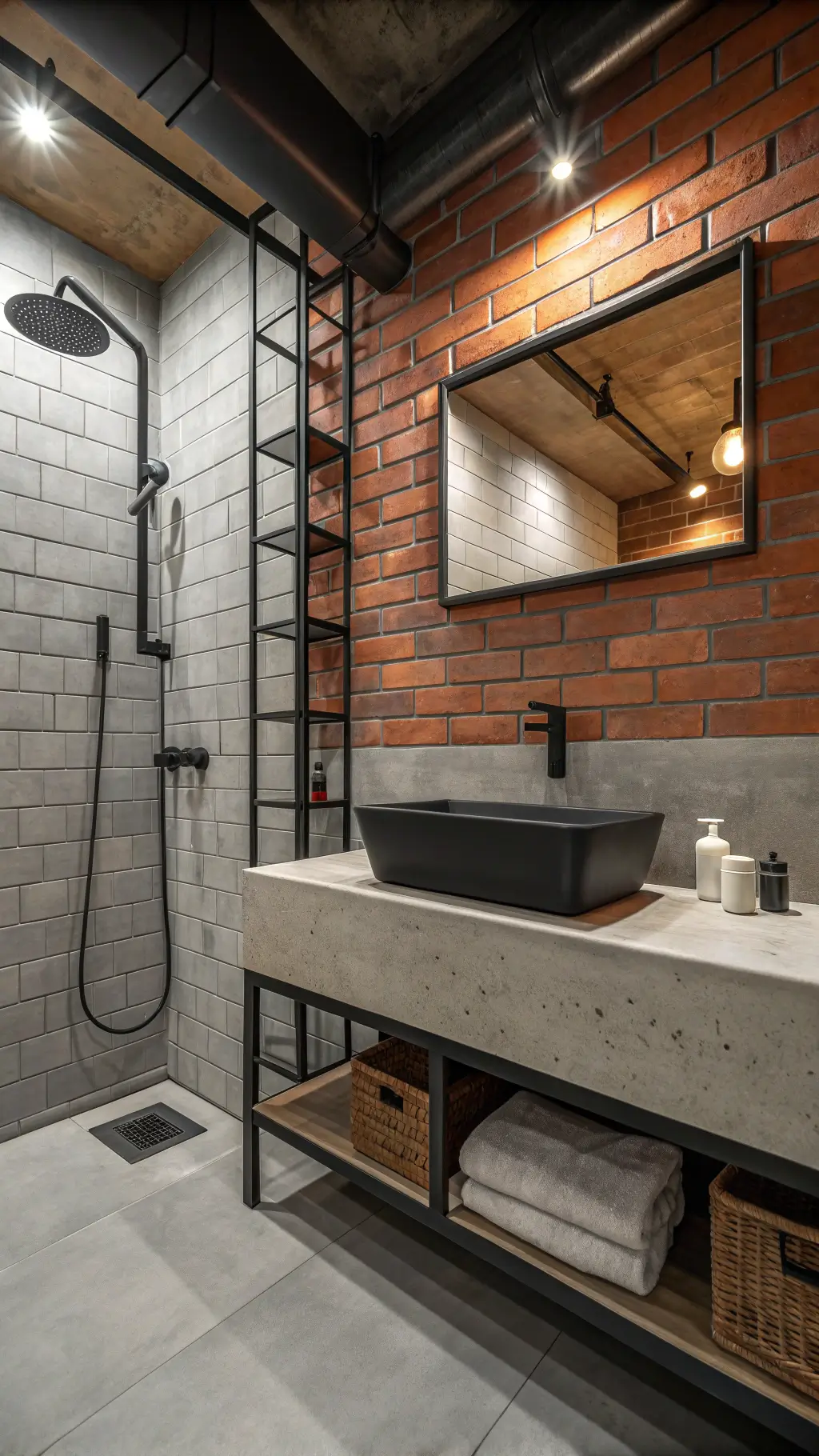 Contemporary urban industrial bathroom with exposed brick wall, black steel shower frame, subway tiles with dark grout and concrete trough sink