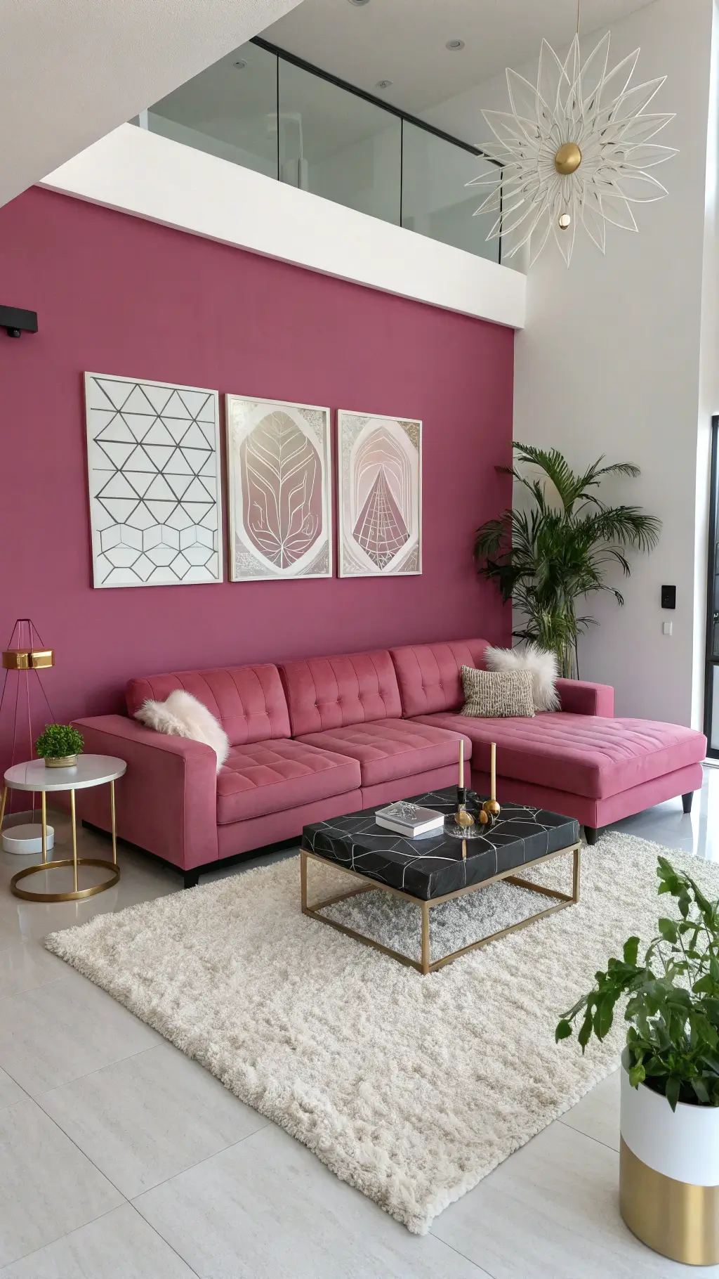 Elevated view of a minimalistic 18x22ft open-concept living room with fuchsia and white walls, pink bouclé sectional, black marble coffee table, gold side tables, white rug, geometric art and a monstera plant in black planter, midday editorial lighting.
