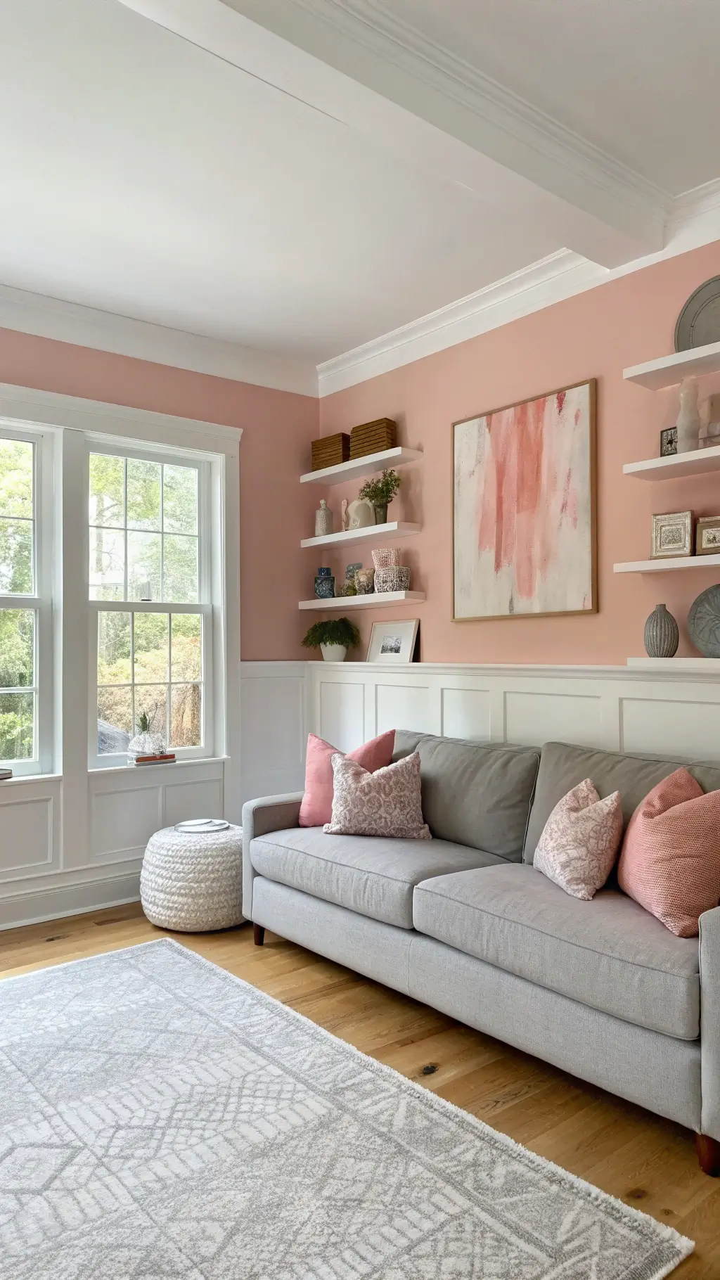 Brightly lit, Scandinavian-inspired 20x20ft living room with salmon pink walls, white trim, light oak flooring, a grey linen sectional with pink pillows, white floating shelves with ceramics, oversized pink and grey abstract art, and floor-to-ceiling windows with white sheers.
