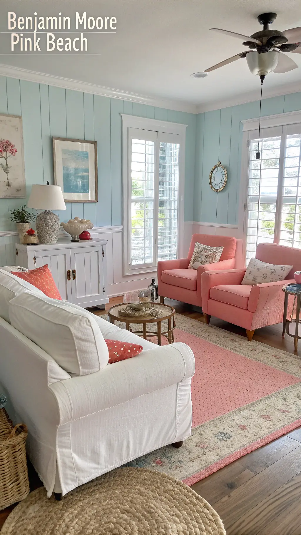 Elegant coastal 18x20ft living room bathed in morning light, featuring Benjamin Moore 'Pink Beach' walls, white slip-covered sofa, coral pink accent chairs, jute rug, shell collection display, white wooden blinds, and blue-grey accents, offering a vibrant seaside atmosphere.