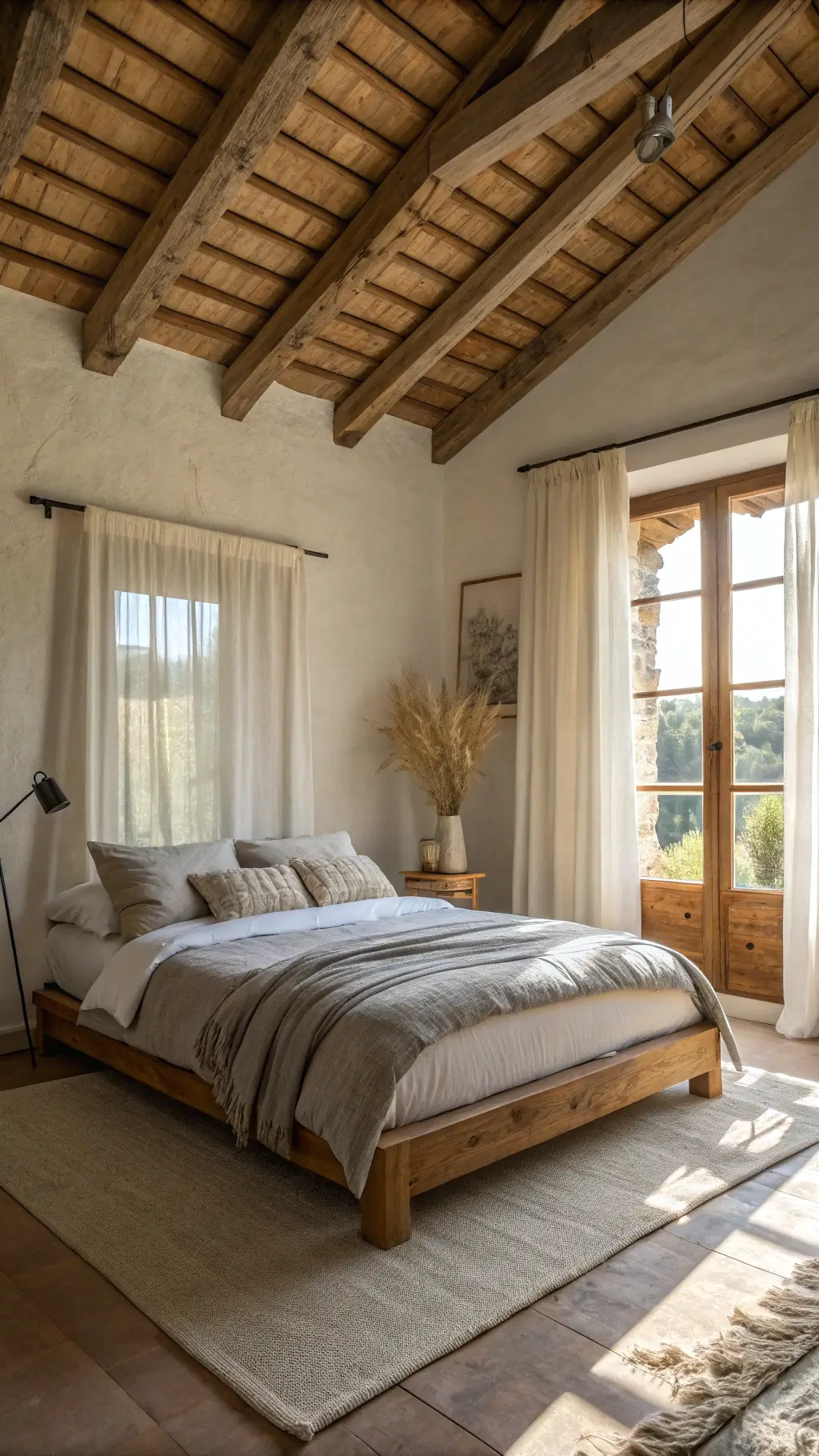 Sunlit 14x16ft bedroom with exposed wooden beams, weathered oak platform bed with undyed linen bedding, wool throw, sheer curtains and a nightstand with a ceramic vase holding dried pampas grass.