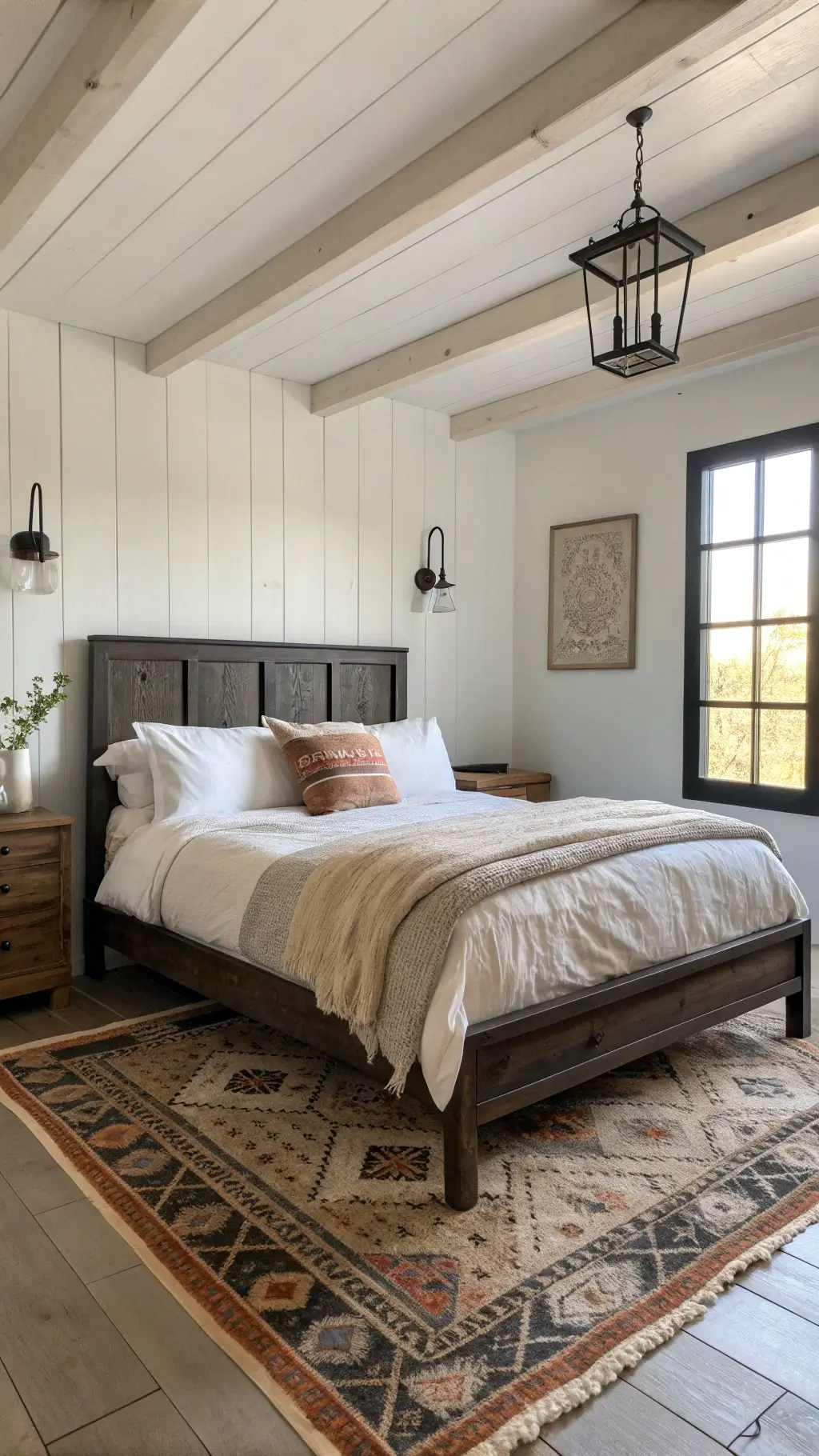 Sunlit 13x14ft bedroom with blackened oak bed frame, rumpled linen bedding, vintage rug, and iron wall sconces against white walls at dawn.