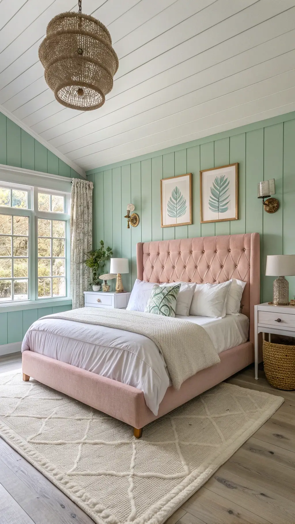 Primary bedroom with mint green shiplap feature wall, blush pink tufted <a href=