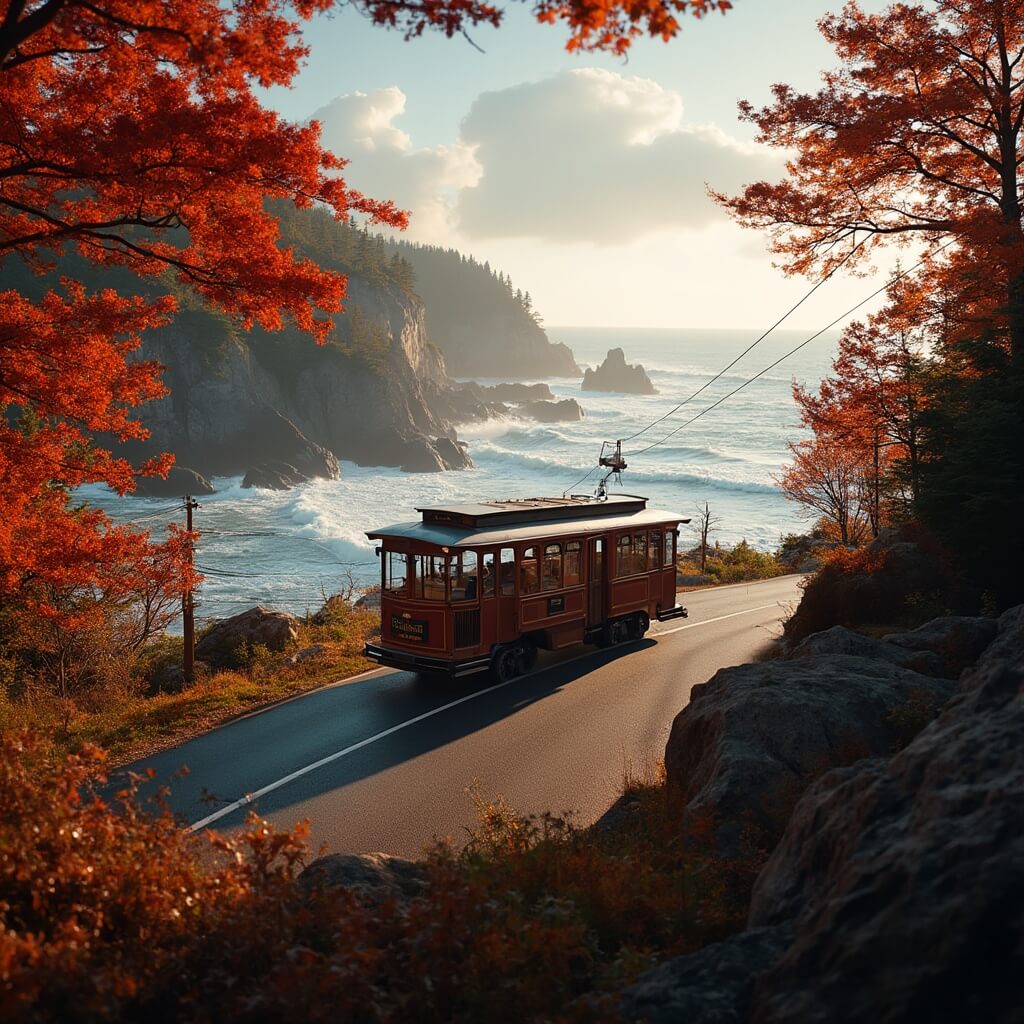 Vintage wooden trolley on Ocean Drive in Acadia National Park during golden hour, with rocky coastline and crashing waves through windows, framed by autumn foliage.