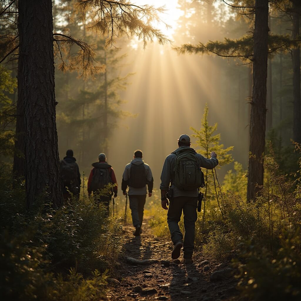Nature guide leading a group through sunlit Adirondack forest, pointing at natural features with a topographic map in hand