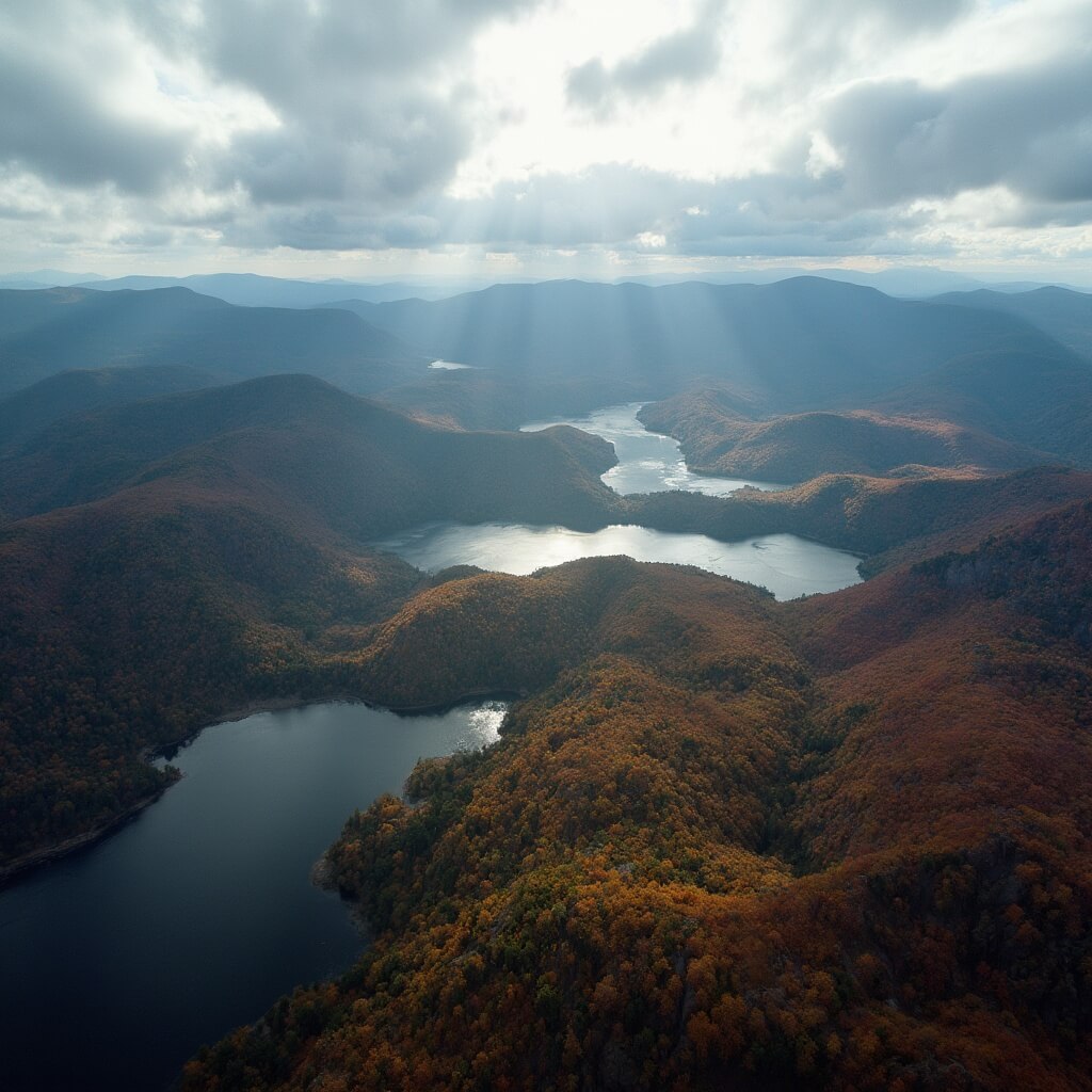 Aerial view of Adirondack mountains with vibrant fall foliage, hiking trails, pristine lakes, and dramatic clouds casting shadows