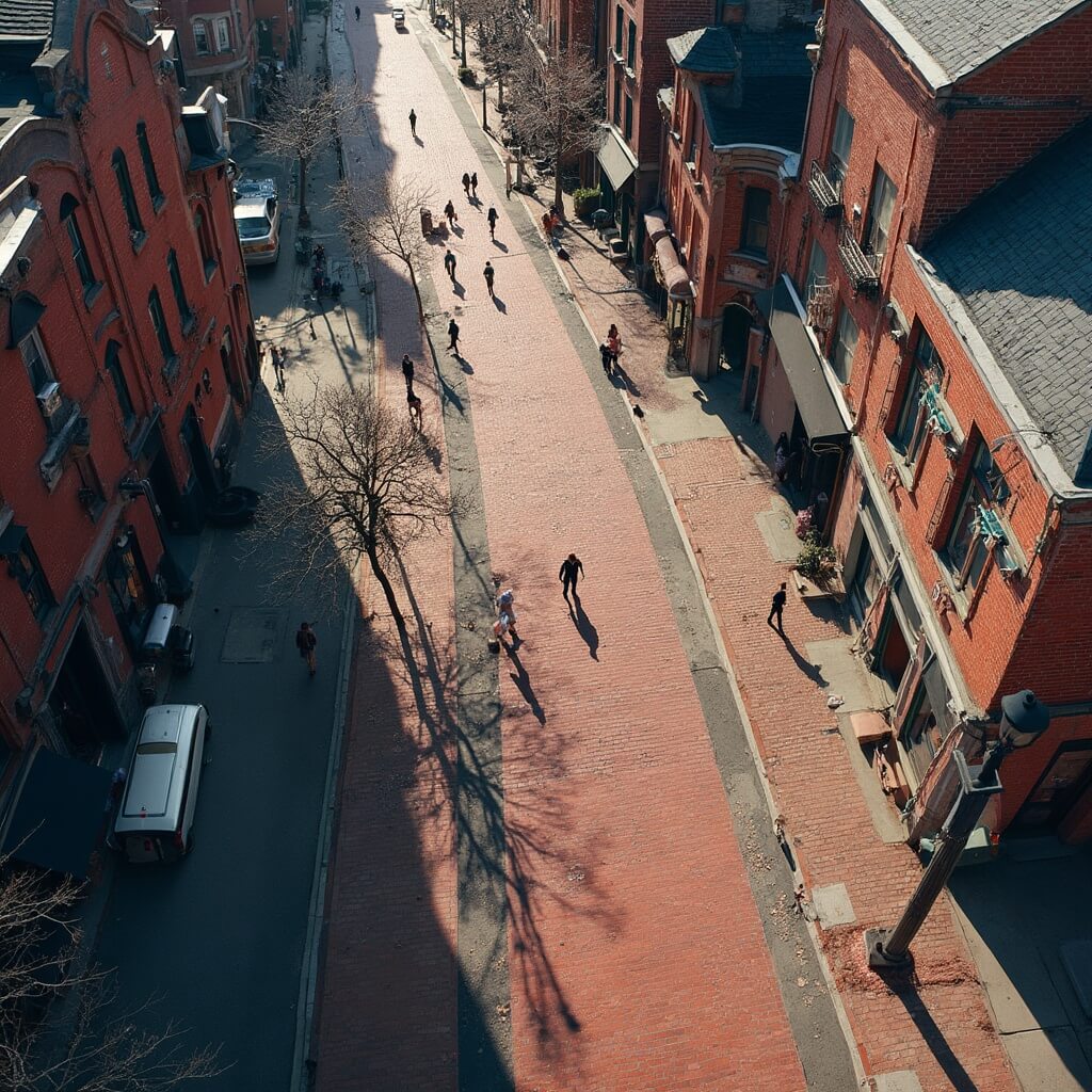 Aerial view of the red-brick Freedom Trail winding through historic Boston with colonial-era buildings and long shadows cast by sunlight, devoid of people