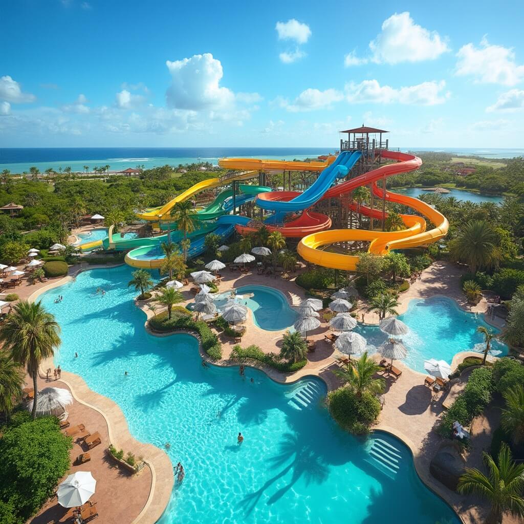 Aerial view of a vibrant waterpark with winding water slides, a lazy river, multiple pools, and beach umbrellas surrounded by lush greenery under a bright blue sky
