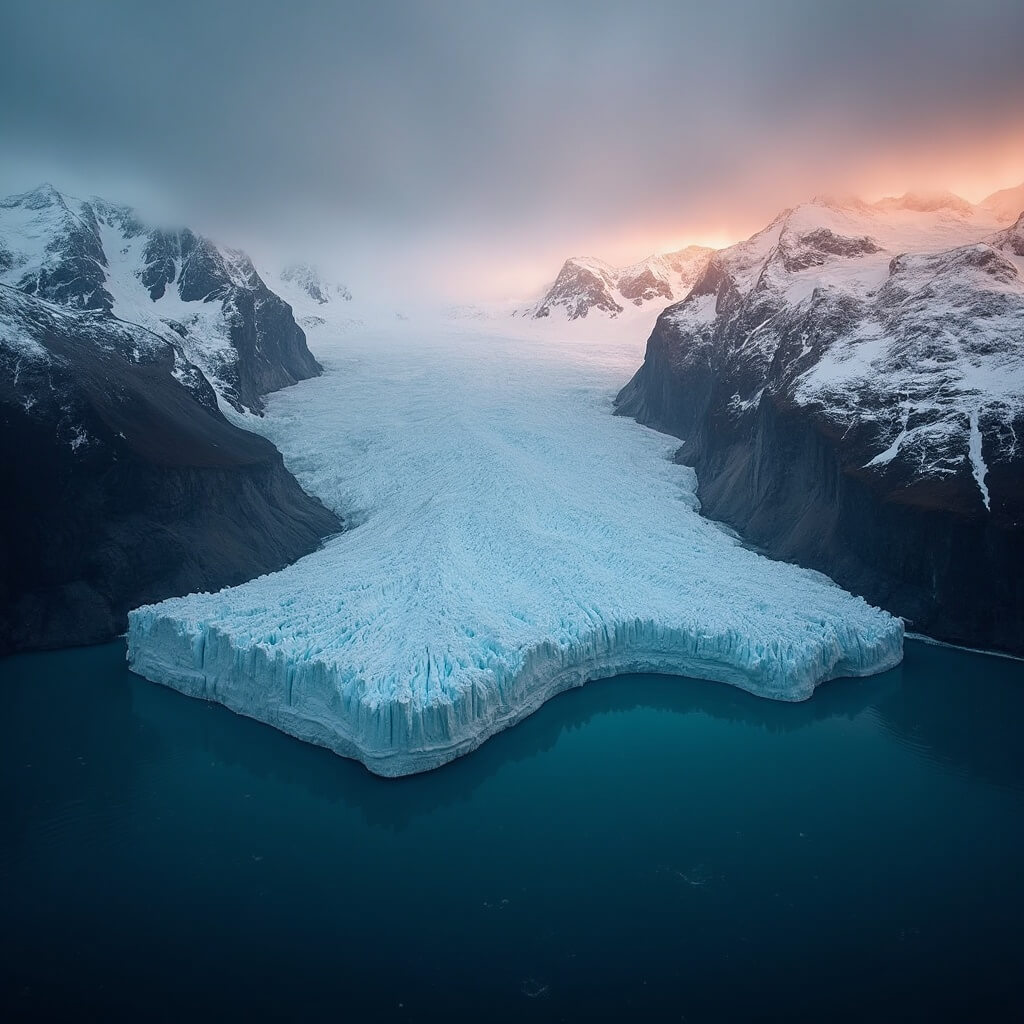 Spectacular landscape of snow-capped mountains, tidewater glaciers, and deep blue ocean in Glacier Bay, Alaska during golden hour