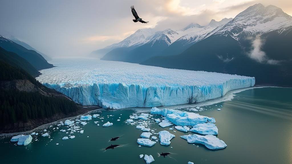 "Aerial view of Glacier Bay National Park with tidewater glaciers, dark sea, humpback whales, a soaring bald eagle, snow-capped mountains in mist, dense forests along the shoreline, and ethereal early morning light."