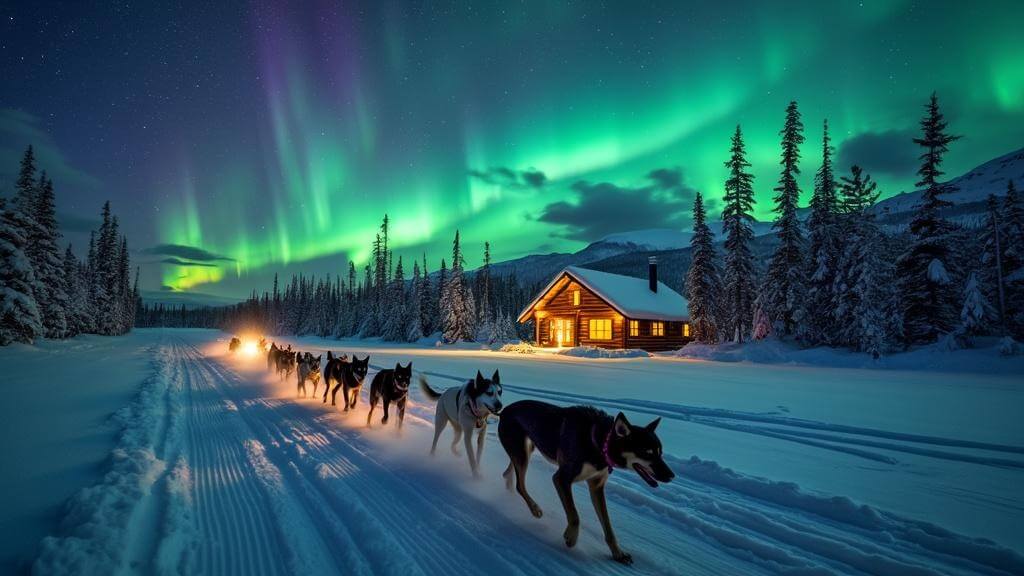 "Dog sled team racing under vibrant Northern Lights in Fairbanks, Alaska with a log cabin and snow-covered mountains in the background."