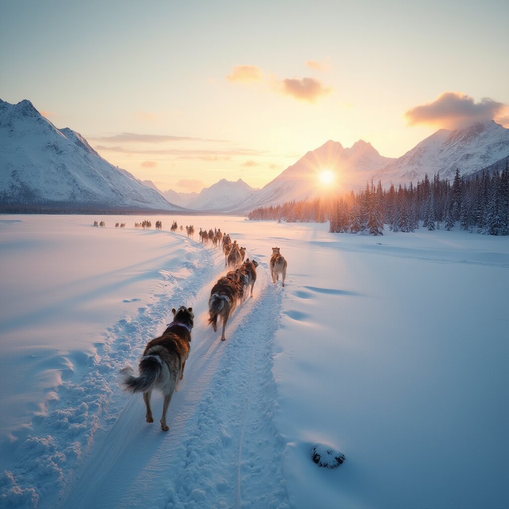 Dog sledding team racing across snow-covered Alaskan landscape at sunset with towering mountains in the background