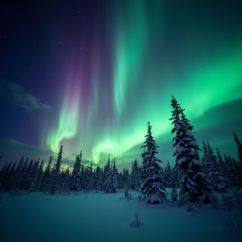 Northern Lights displaying vibrant green and purple colors above a snow-covered Alaskan forest with silhouetted pine trees