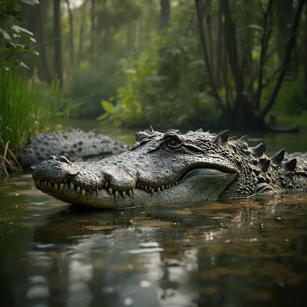 Alligator partially submerged in Florida wetlands, surrounded by lush greenery, showcasing its prehistoric texture under dramatic lighting