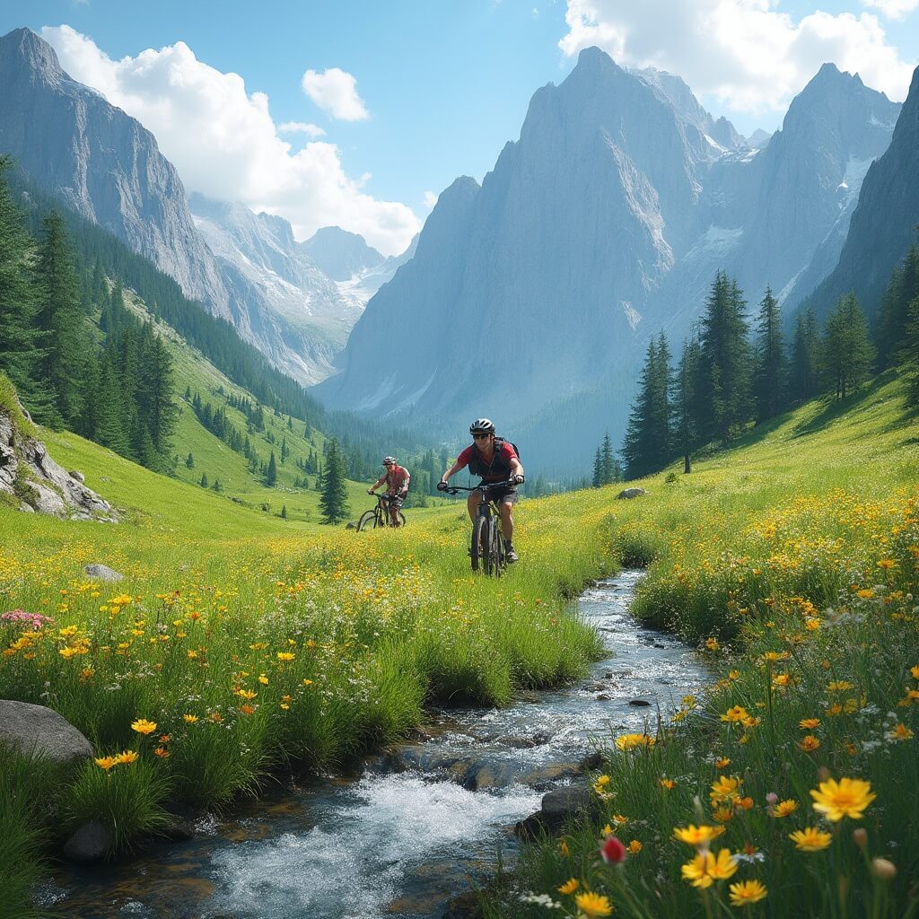 Mountain bikers on a scenic trail in a lush alpine meadow full of blooming wildflowers, with clear stream and dramatic mountain peaks in the background