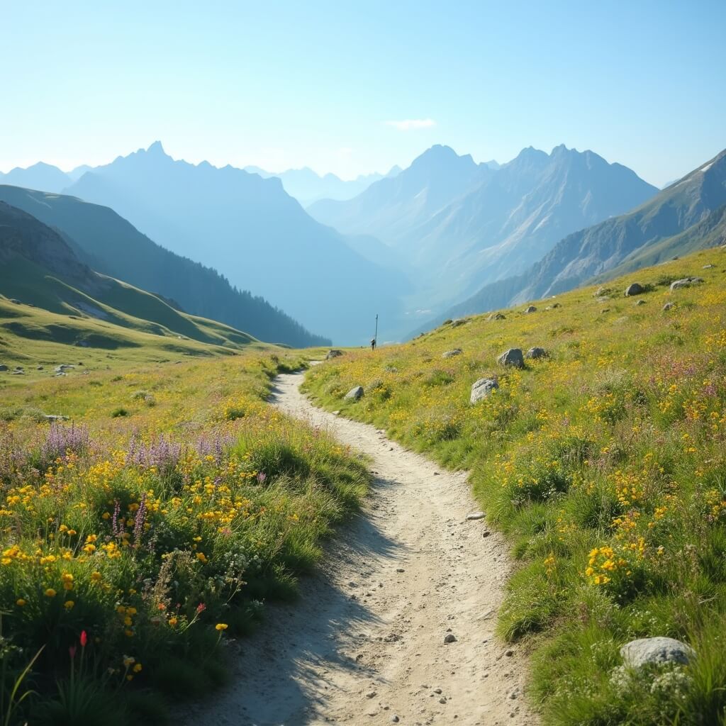 Scenic mountain trail through meadow with wildflowers, distant mountain peaks under clear blue sky, cast in morning light